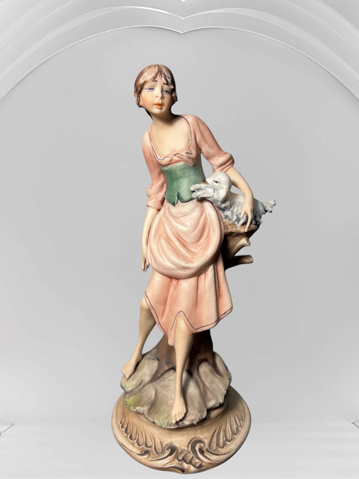 Capodimonte Italy 1950s Ethan Allen Porcelain Figurine Girl With Lamb, 10”