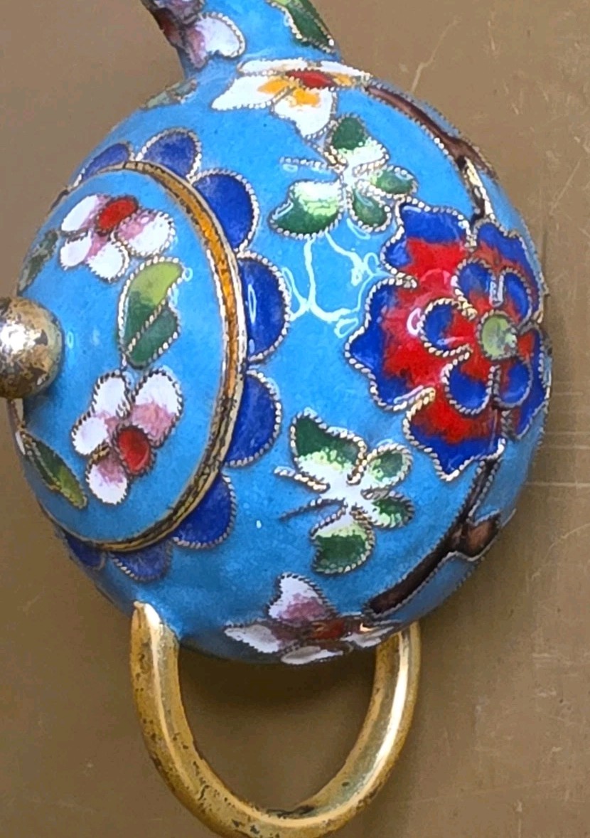 Mini Cloisonné Teapot Enamel Floral Metal Multicolor Petite Butterflies