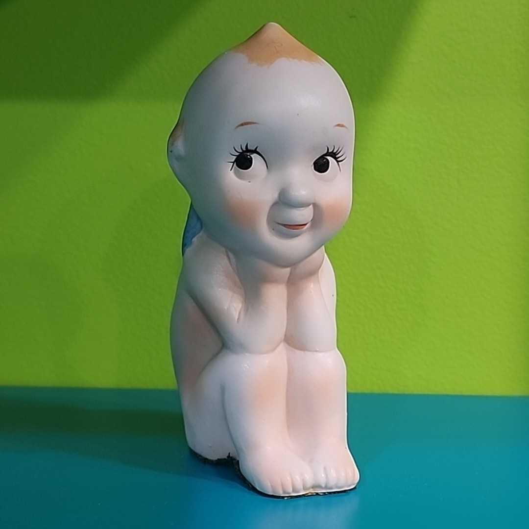 Vintage Kewpie Bisque Doll Sitting Cupid Blue Wings Japan 4½” 1940s “Thinker”