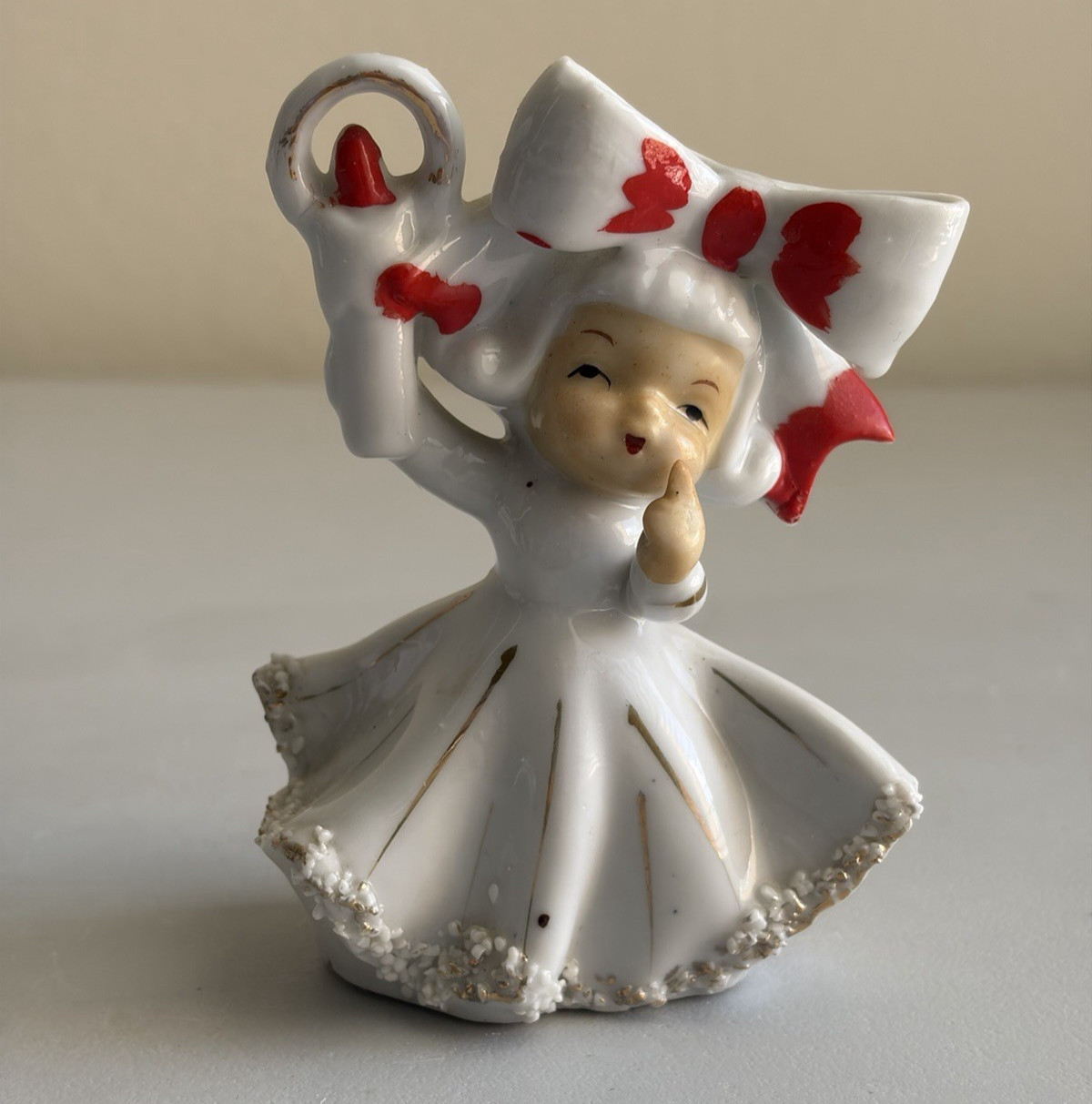 Vintage Big Bow Girl White Figurine With Candle Red Trim Spaghetti Trim Dress