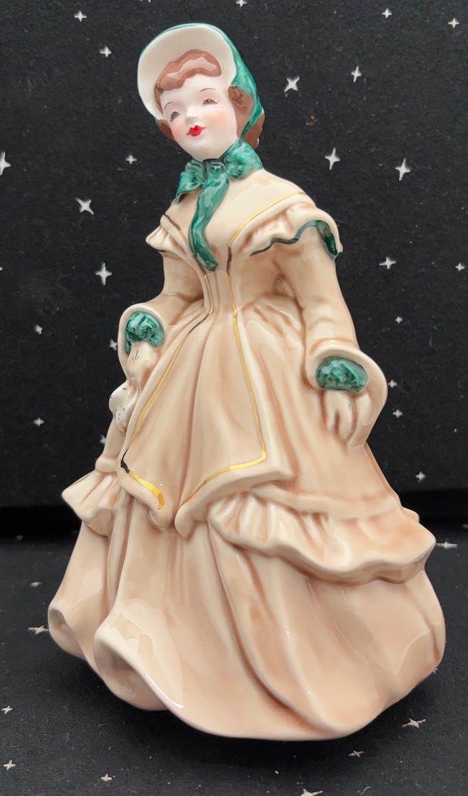 Vtg. Florence Ceramics “Melanie” Figurine Lt.Pink dress W/Green 7.5″ 1942-1964