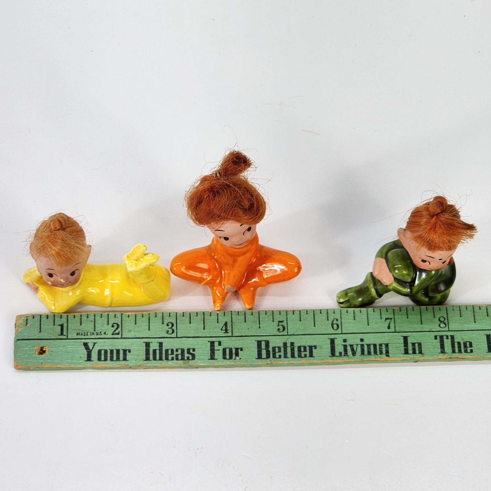 3 Vtg Ceramic Pixies Red Orange Hair Doll Elf Japan National Potteries Co.