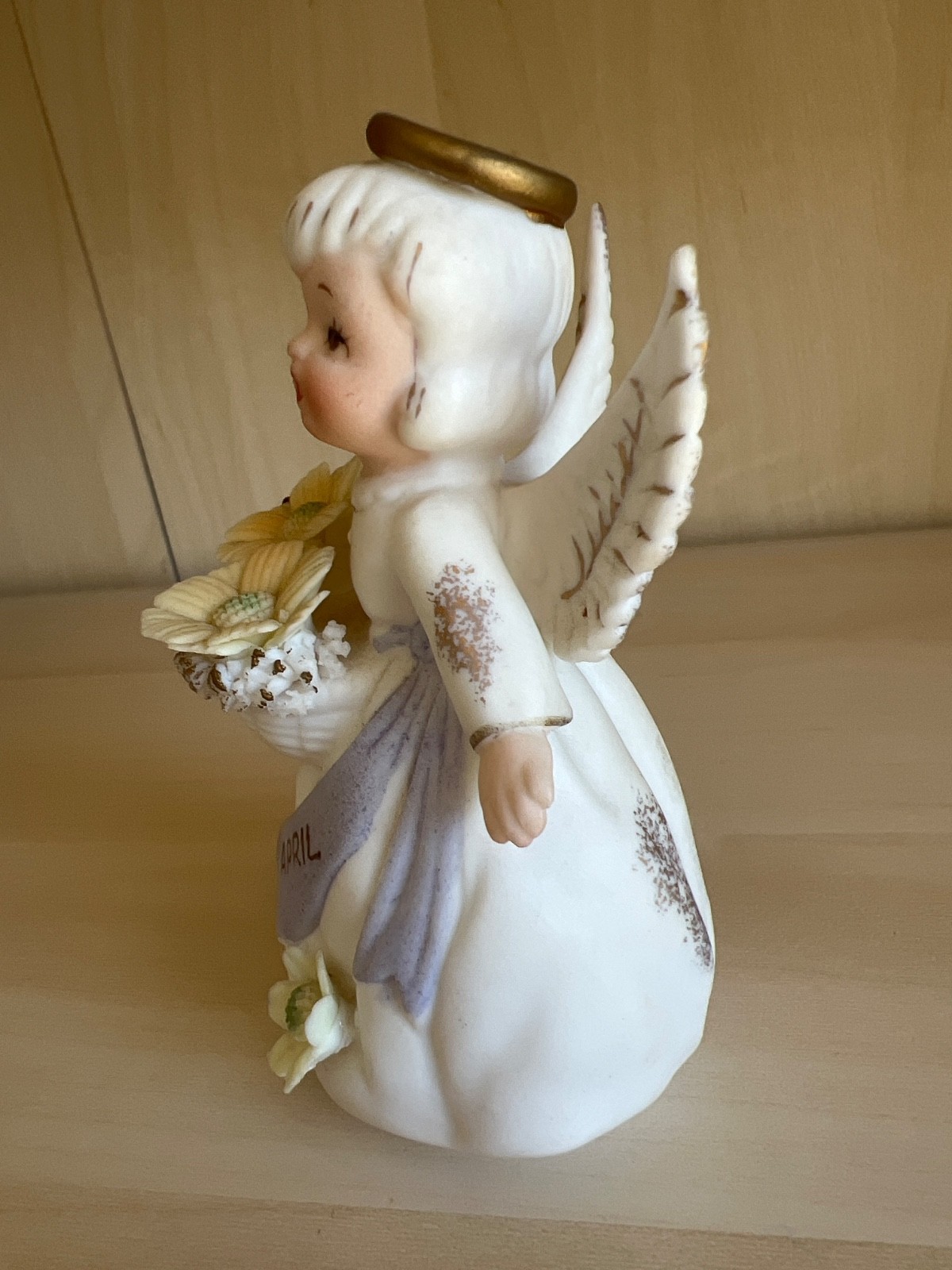 Vintage 50s Lefton Porcelain APRIL ANGEL with YELLOW FLOWER 4 “h Figurine CUTE