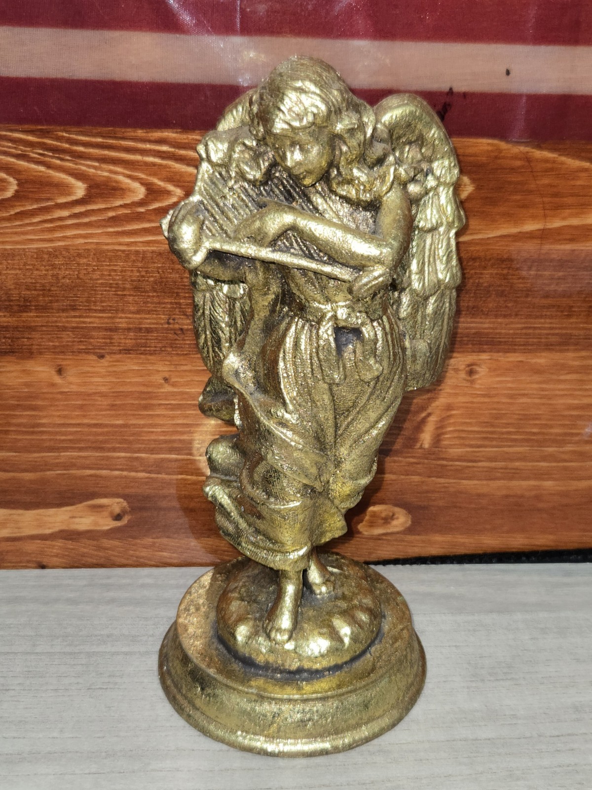 Vintage Metallic Gold Gilt Angel Figurine Playing The Harp 8″ Tall Resin