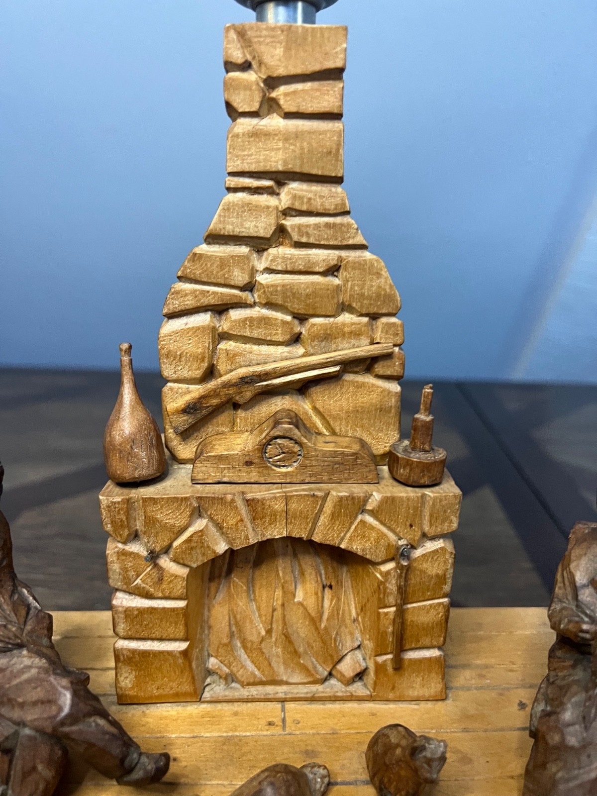 WOOD CARVING TABLE LAMP-FOLK ART W/ PEOPLE-DOG-CAT FIREPLACE,ETC-WORKING
