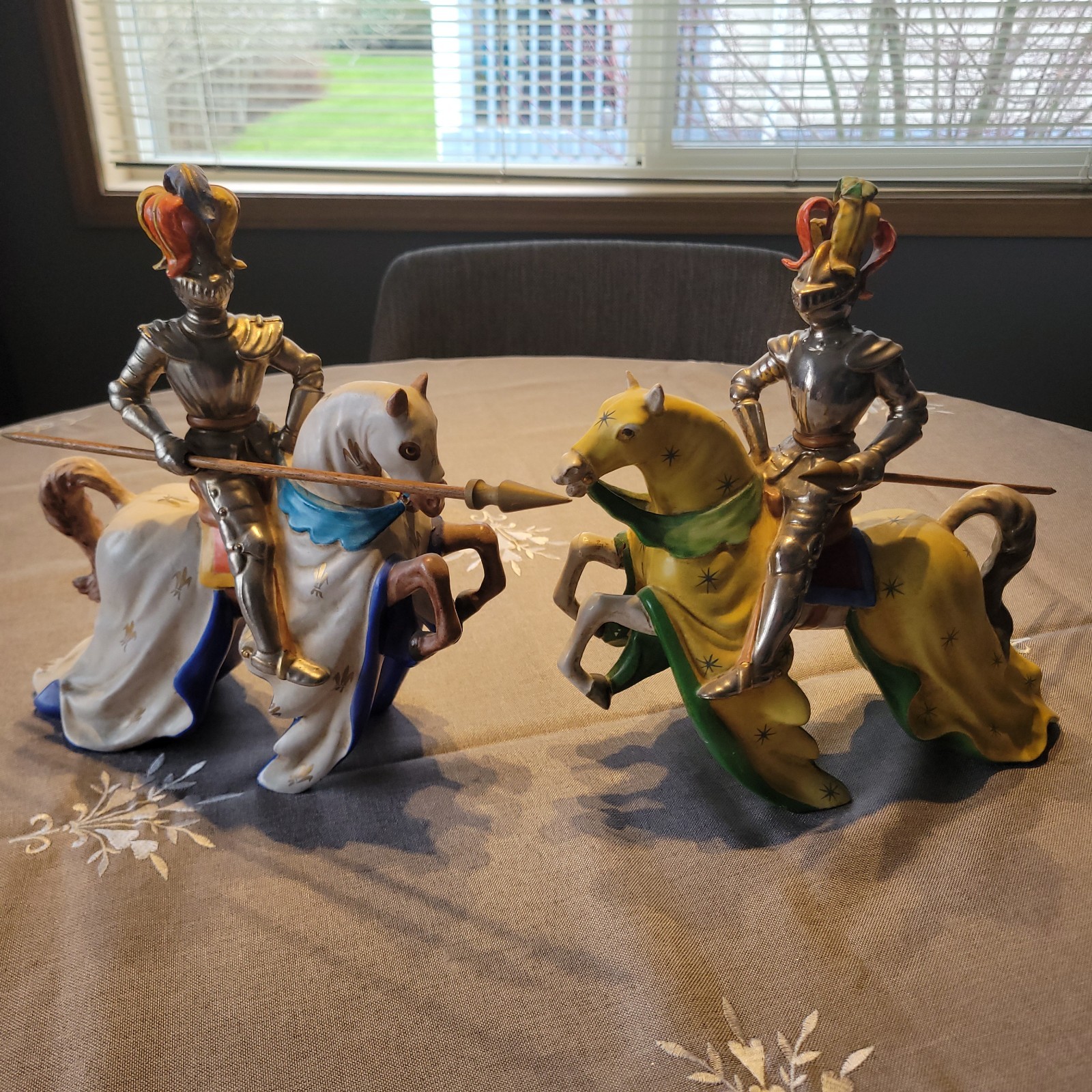 Vintage Ceramic Jousting Medieval Knight Figurines, a Pair, Signed