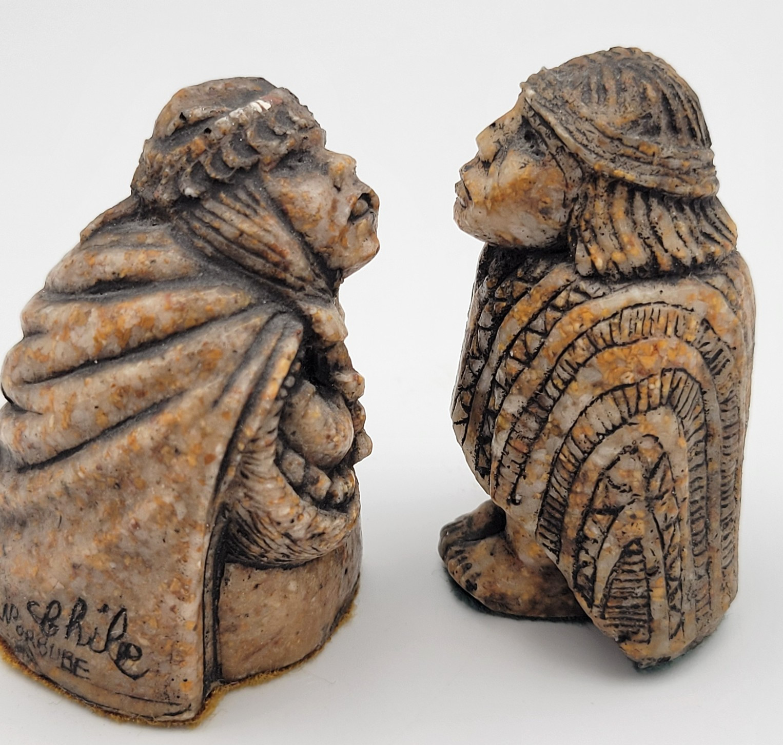 Vintage From Chile Carved Stone Folk Art Figurines Indigenous Man Woman Signed