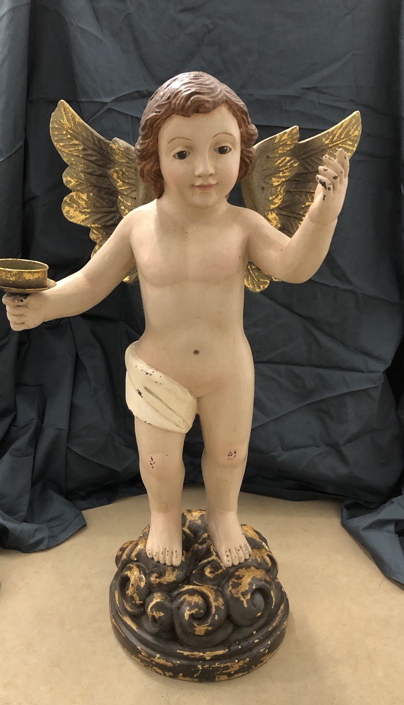 Large Vintage 28” Italian Cherub Putti Angel Composite Stands On Floral Base