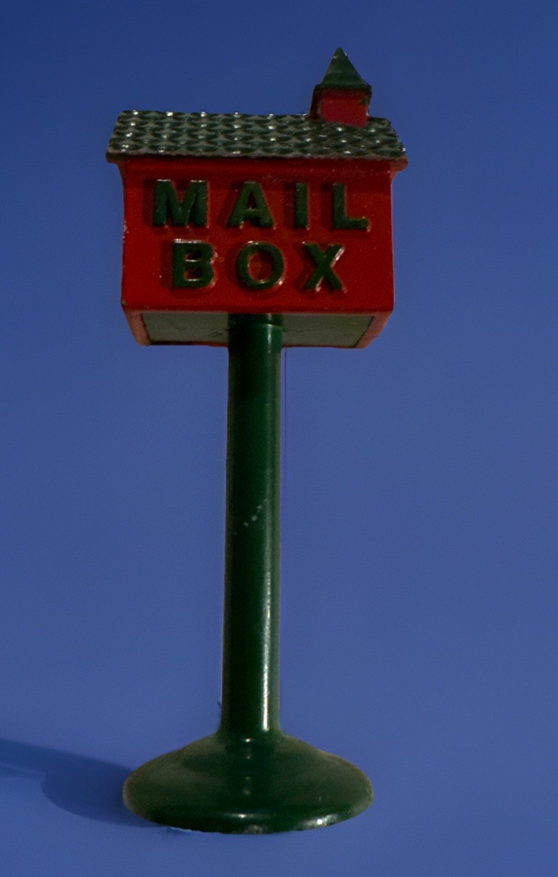 Miniature Red Mailbox with a Green Roof, Designed for Holiday Display Villages