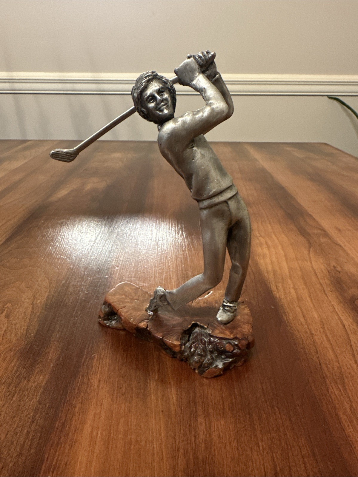 Golfer Statue, In Mid Swing Detailed Sculpture Figure On Wood Stand 6.5”