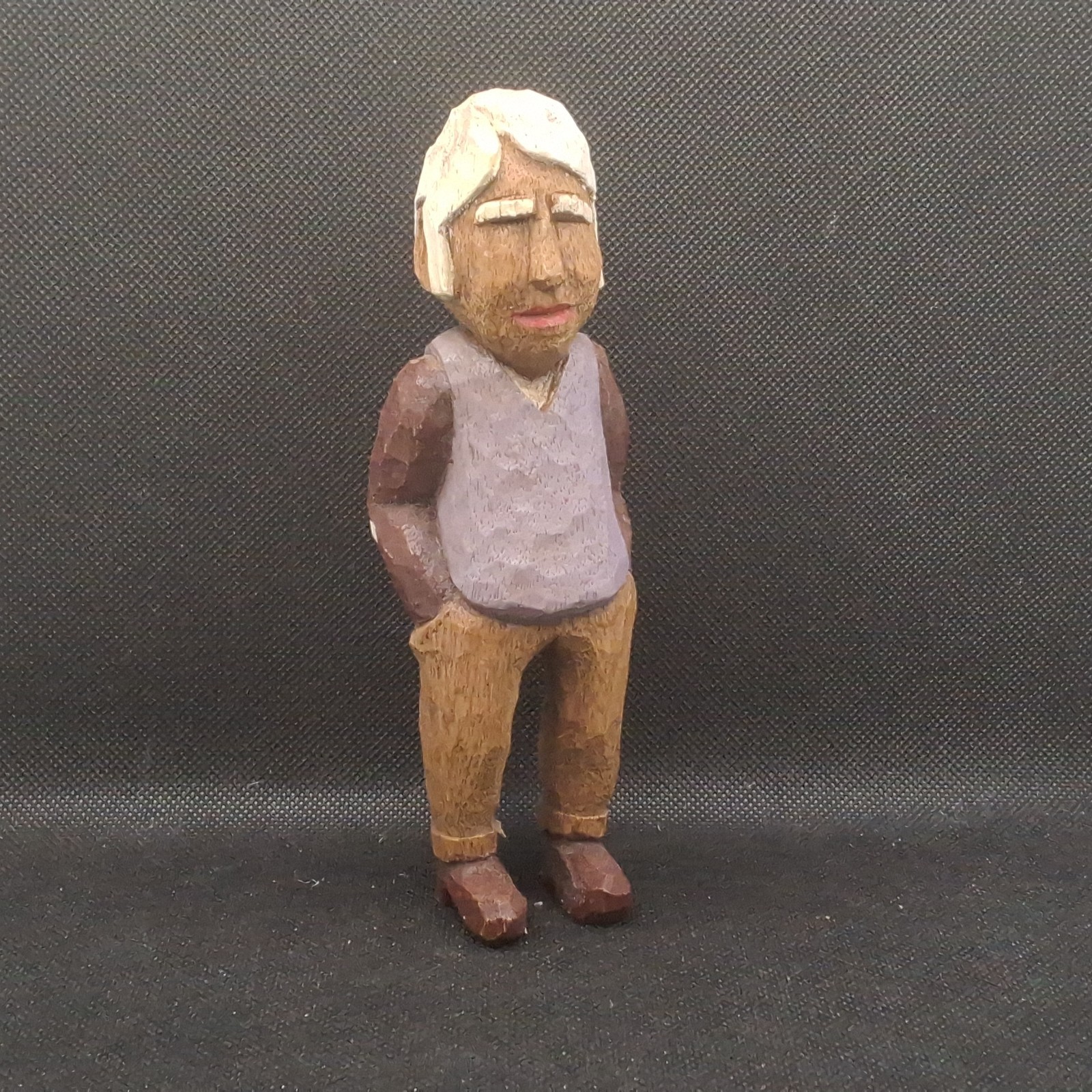 Vintage Hand Carved Wood Old Man In Sweater Vest Folk Art – Artist Signed