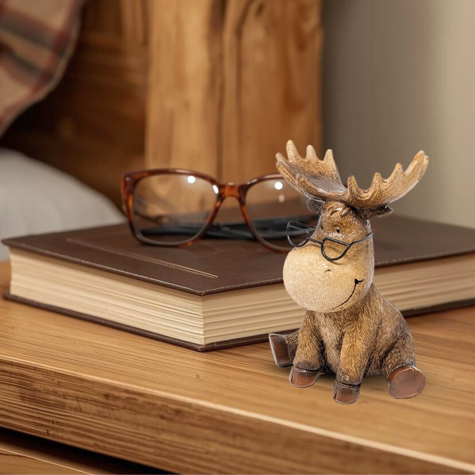 Moose with Metal Glasses Figurine – Rustic Wildlife Sculpture for Home Décor