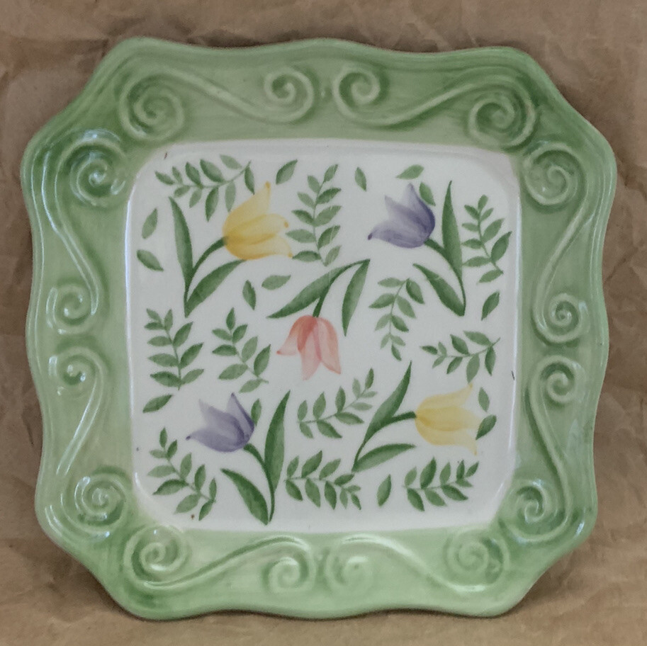 Andrea by Sadek Trinket Dish Handpainted Violets 6.5” Sq.(Charles Sadek Imports)