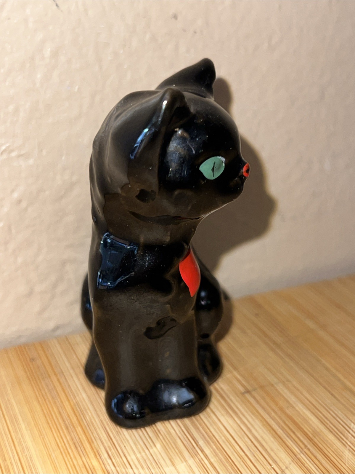 MCM Redware Glazed Red Clay Ceramic Black Cat Figure Red Ear 1950s Japan VINTAGE