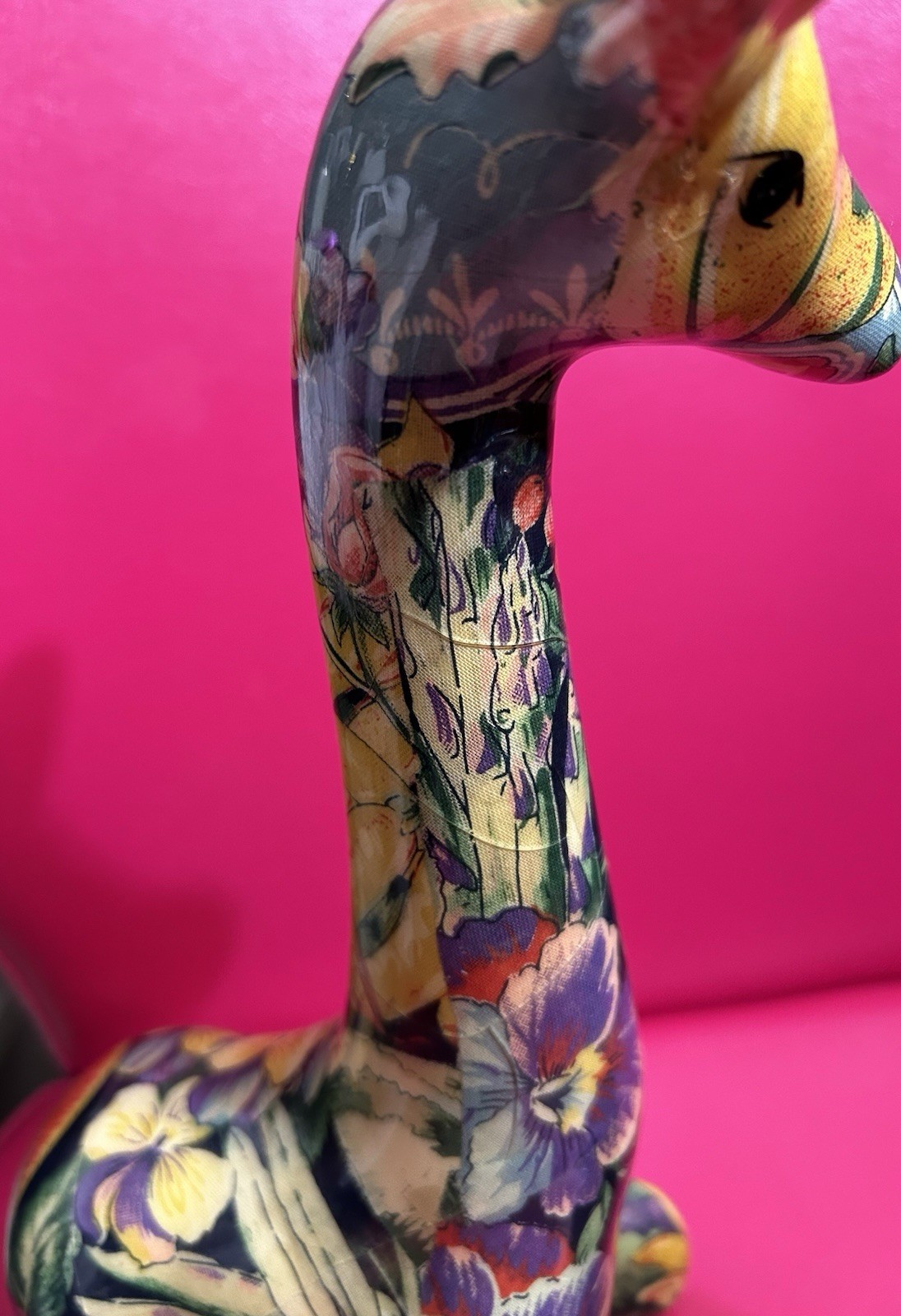 Vtg Patchwork Giraffes Mother & Baby Statue, Fruits & Floral Print, Cottagecore