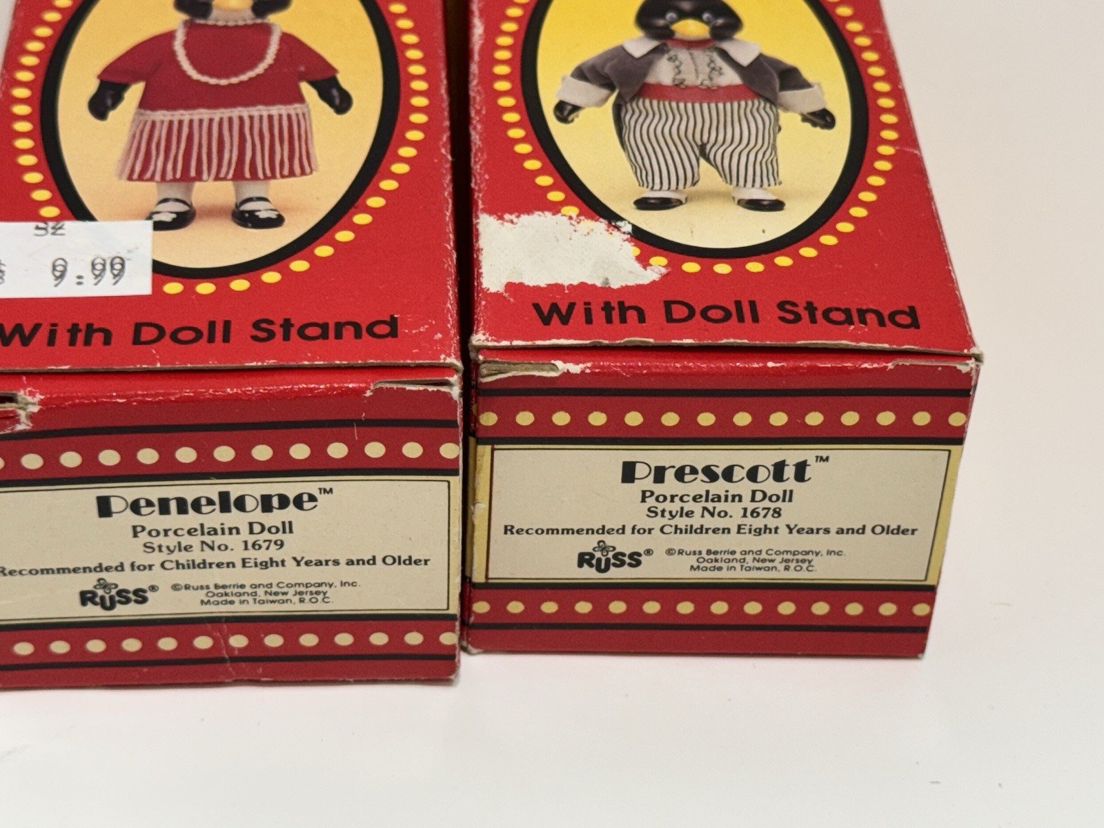 Russ Porcelain Dolls Penguins Penelope 1679 & Prescott 1678 Figure With Stands
