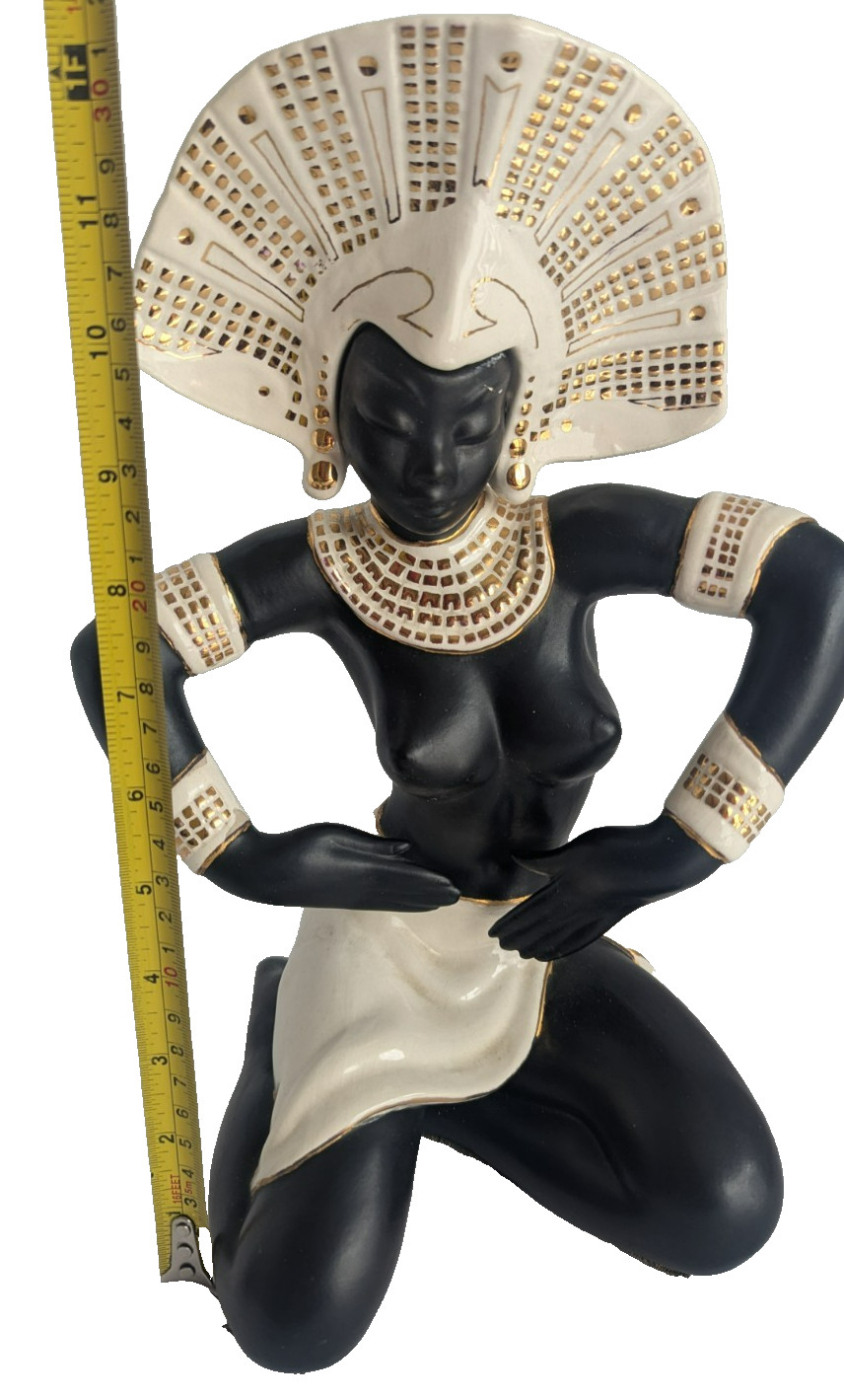 Vintage MCM Nubian Dancer Ceramic Figurines Pair Black Gold Man Repaired 12.5in