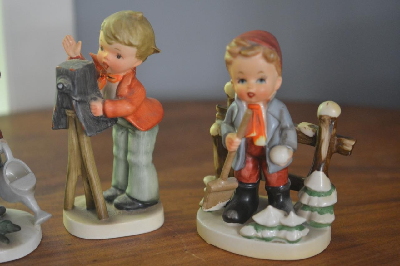 3 Vintage Hummel Style Figurines Boy w Dog Cameraman Boy w Snowball Napco + VG
