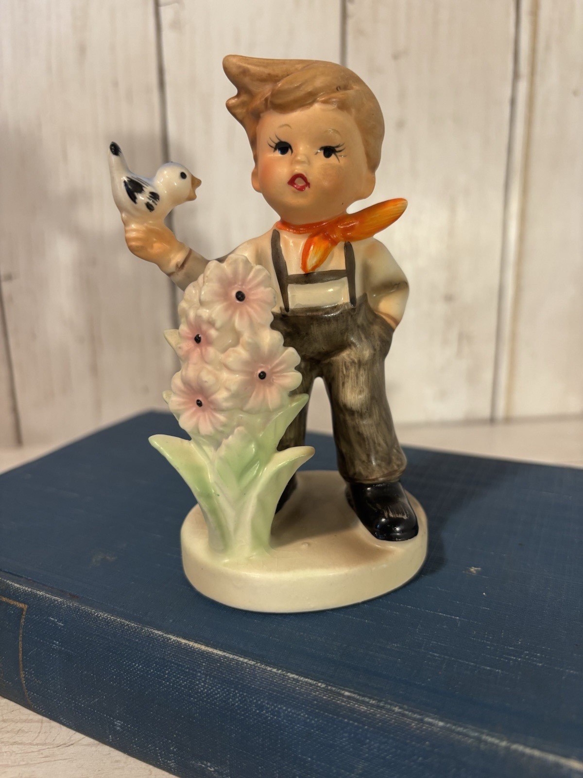 Vintage Ceramic Figurine Eric Stauffer Boy Bird Flowers Japan MCM