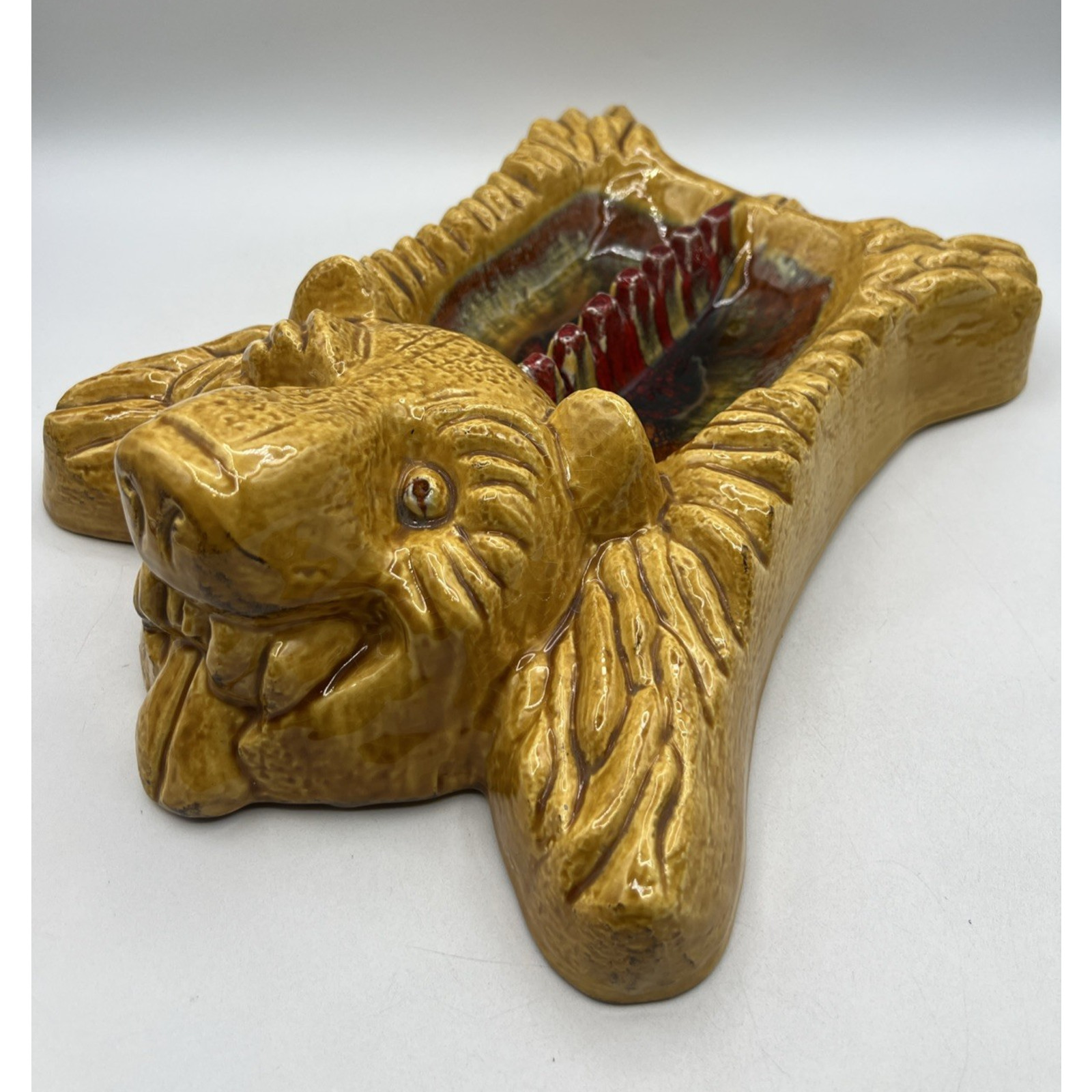 Vtg MCM California Pottery Bear Rug Ashtray 1970s Retro Yellow Red USA 14″ AS IS