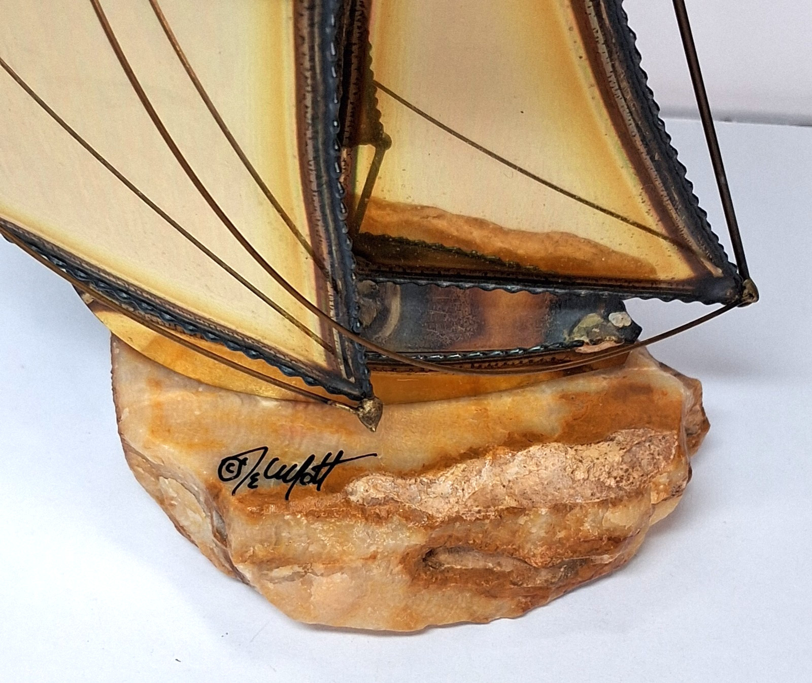 Artist Signed Brass Copper Metal Onyx Sailboat Sculpture Nautical Decor 10″ MCM