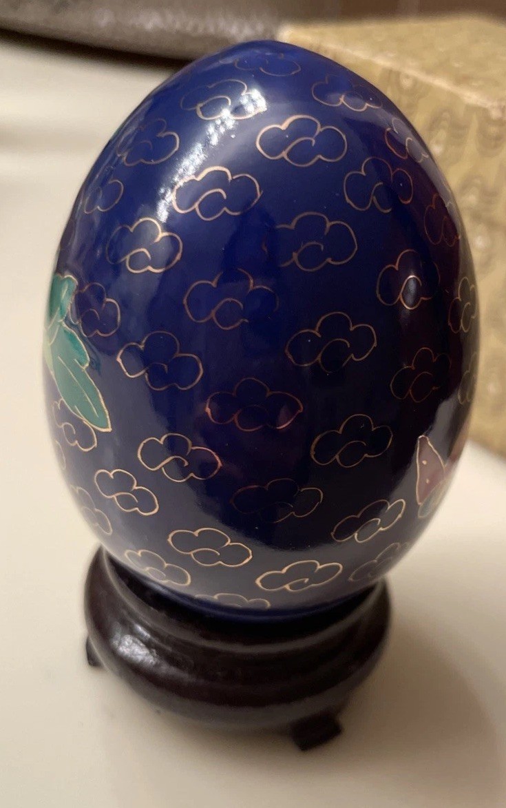 Vintage Cloisonne Egg-Hand Painted Blue Floral/Butterflies Porcelain -Wood Stand