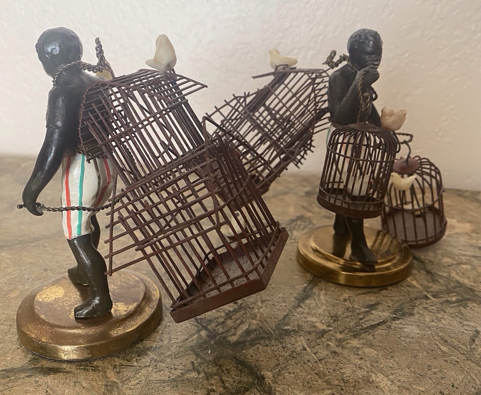 Petite Choses 5″ Blackamoor Bronze Nubian Birdcage Seller Figurines Pr.