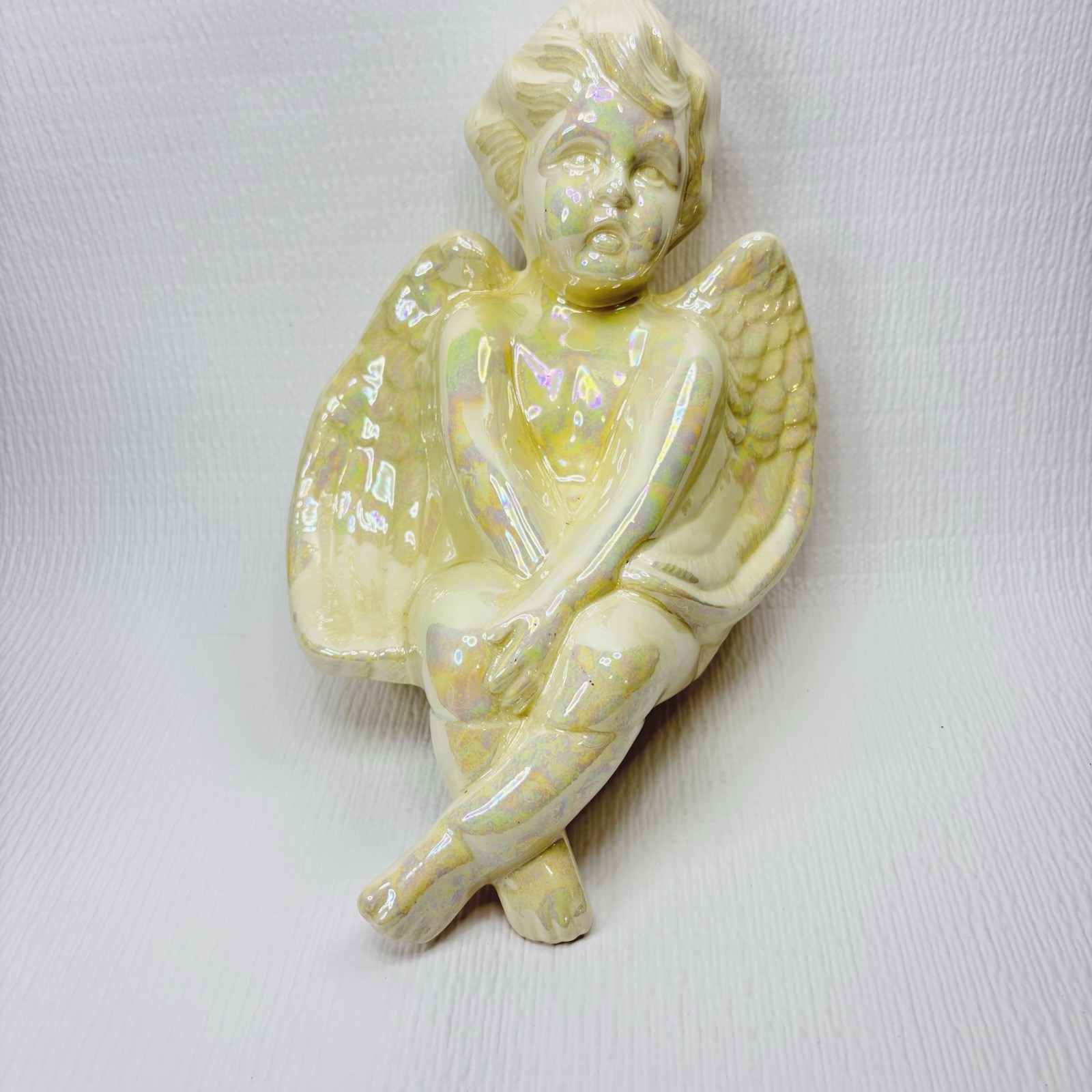 Ceramic Cream Iridescent Angel Shelf Sitter Figurine Pearlized Finish Glaze