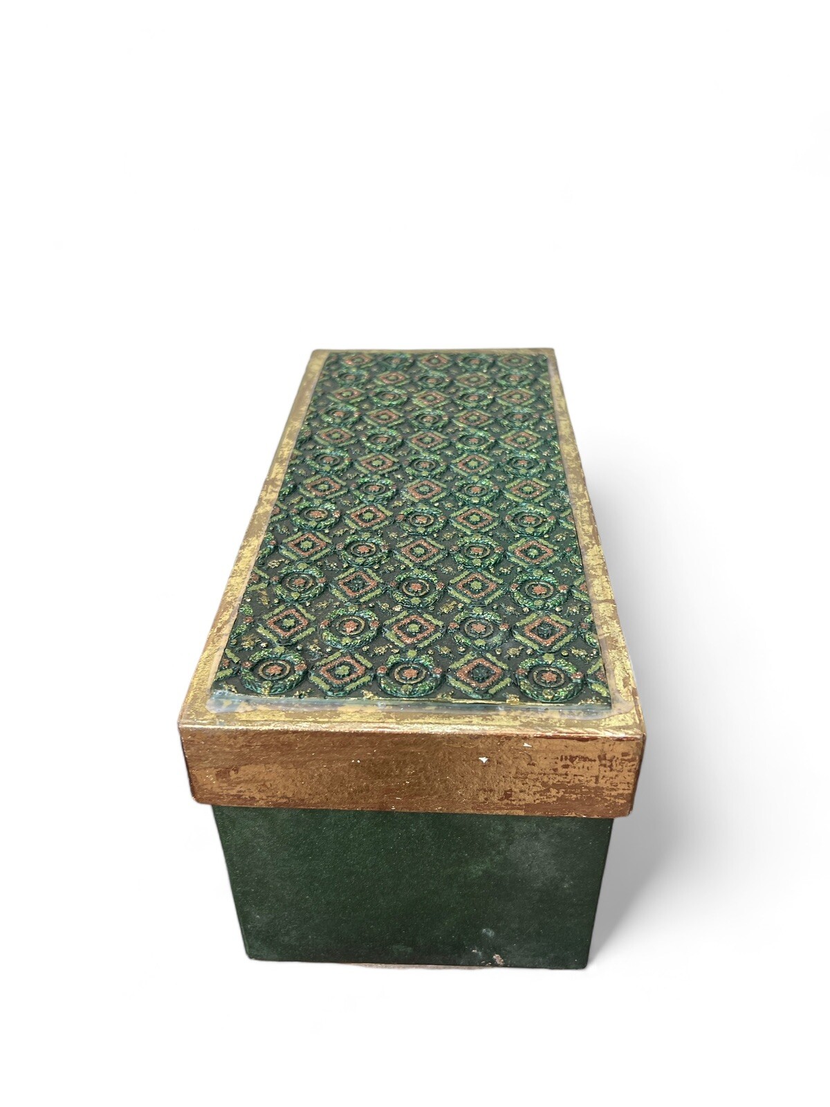 Green Copper Gold Resin Glittered Cone Tree On Base Matching Decorative Box NOS