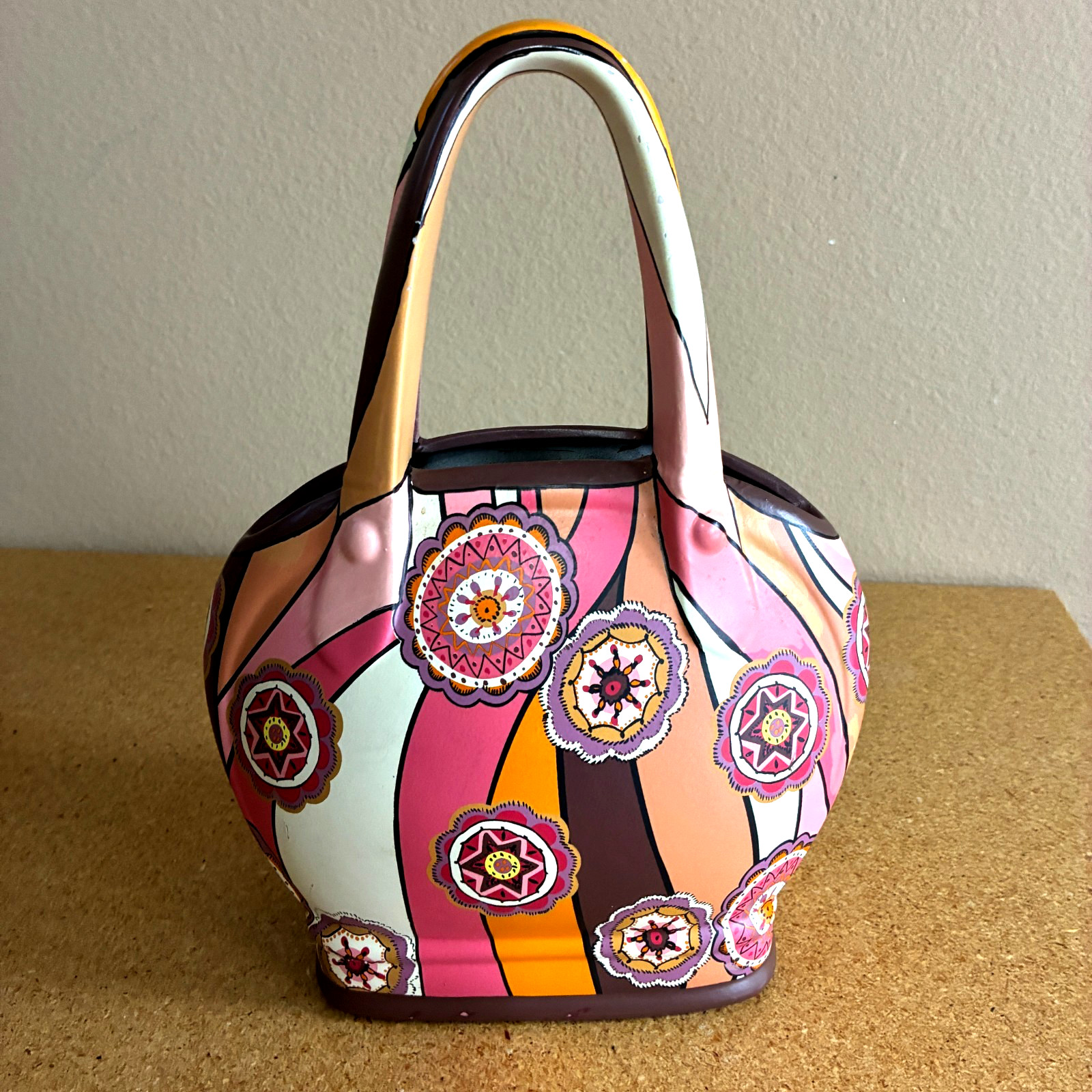 VTG Trompe L’oeil Ceramic Purse Bold Retro Floral Swirl Pattern MCM Sculpture