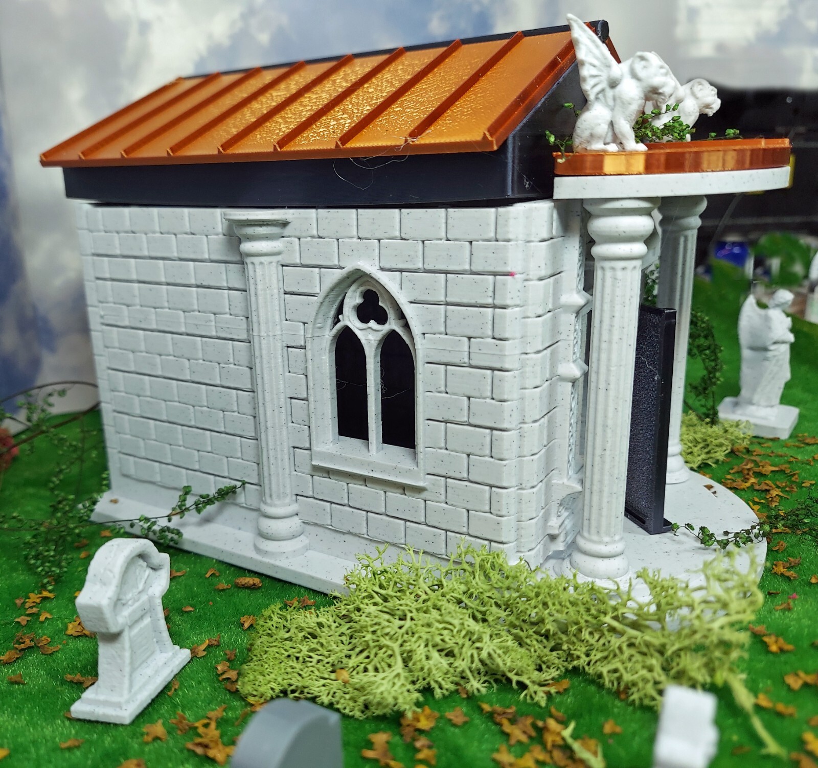 3d printed crypt. 1:24 scale (half scale) fine detail in four colors with coffin