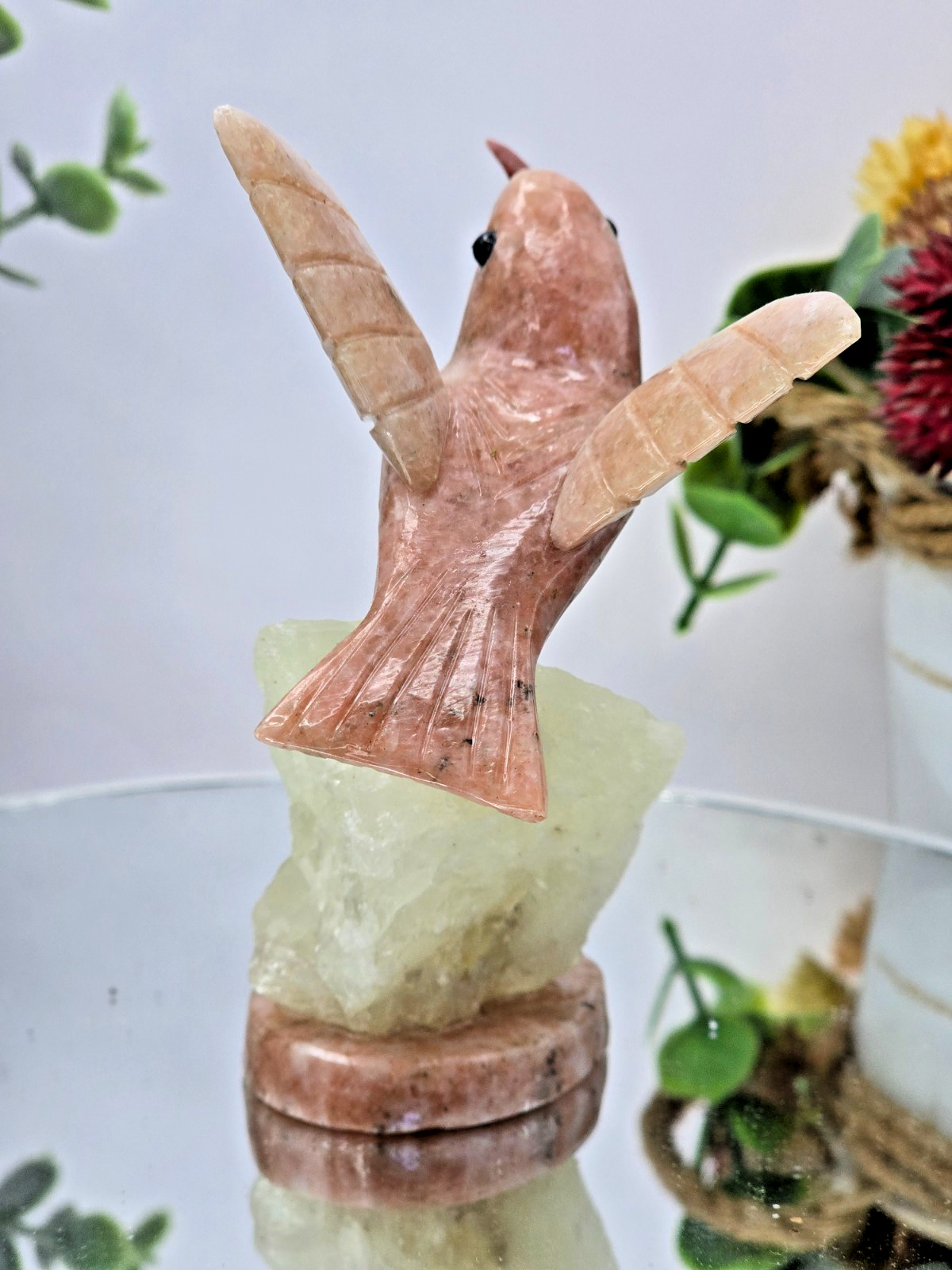 Hand Carved Rose Crystal Hummingbird on Stone Base 3.75″ Natural Stone Bird
