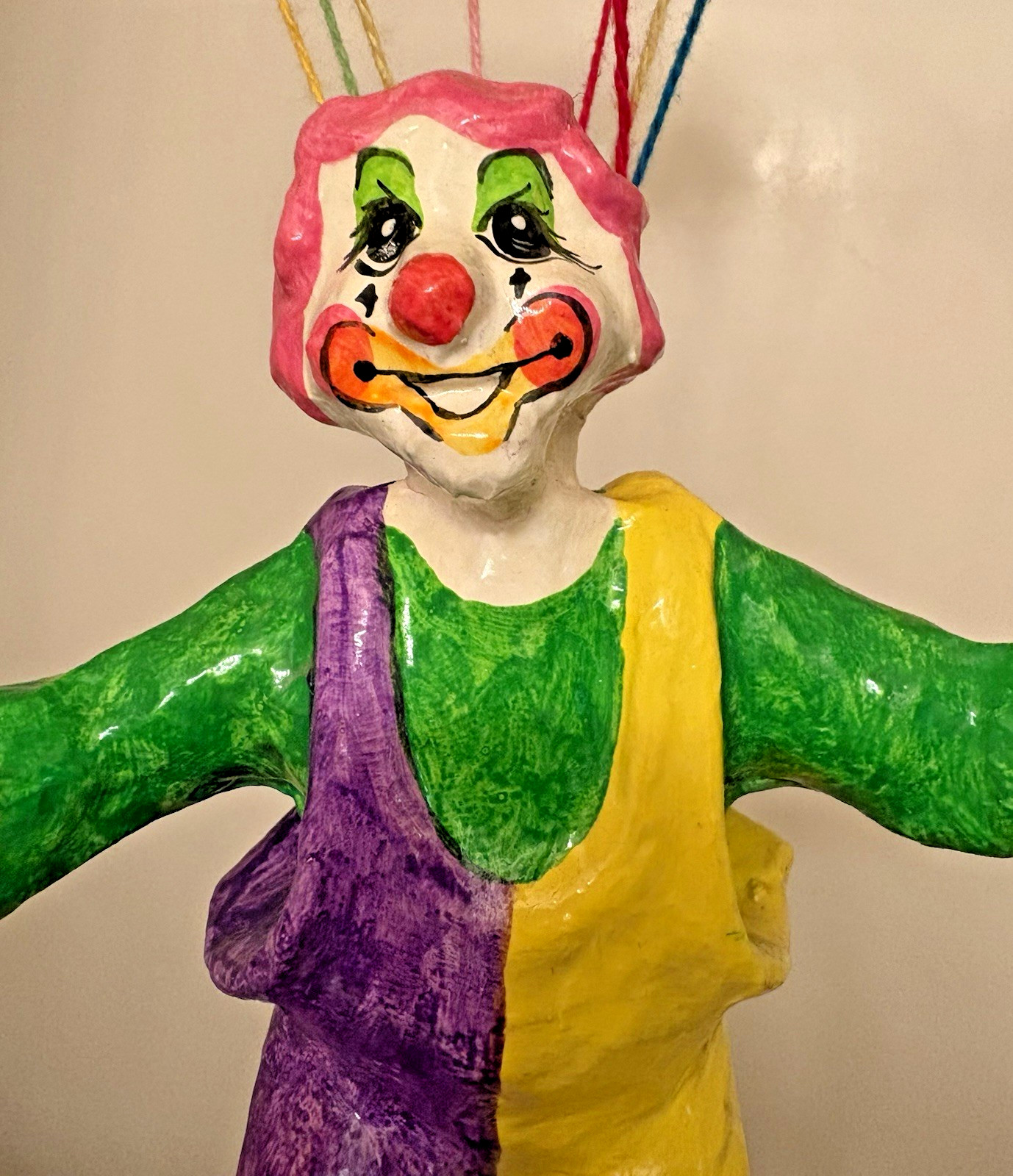 Vtg Papier Mache Parachute Clown Folk Art Balloon Figure Circus Decor Paper 29″