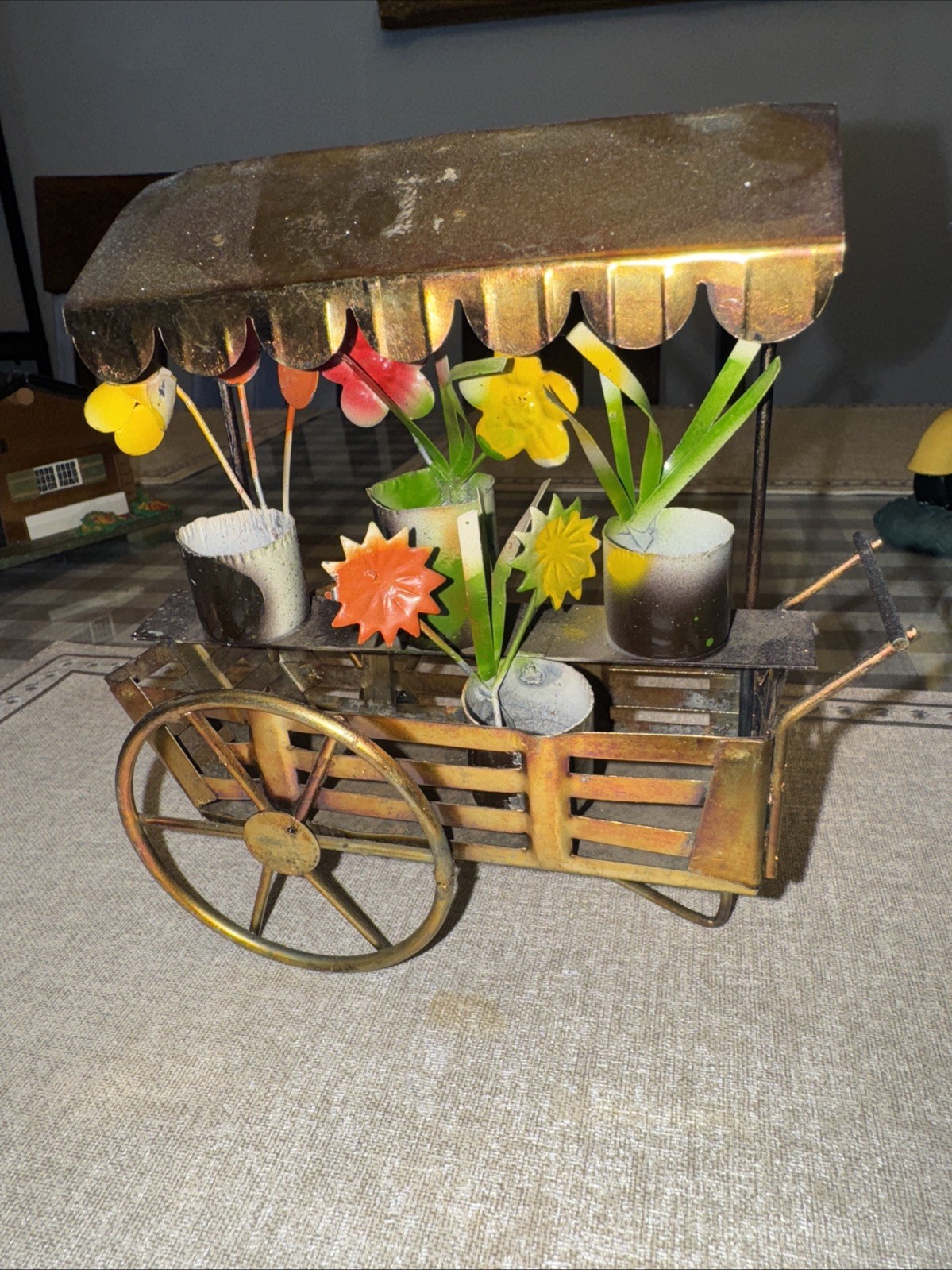 Vintage Metal Flower Cart With Colorful Flowers – Made in Hong Kong