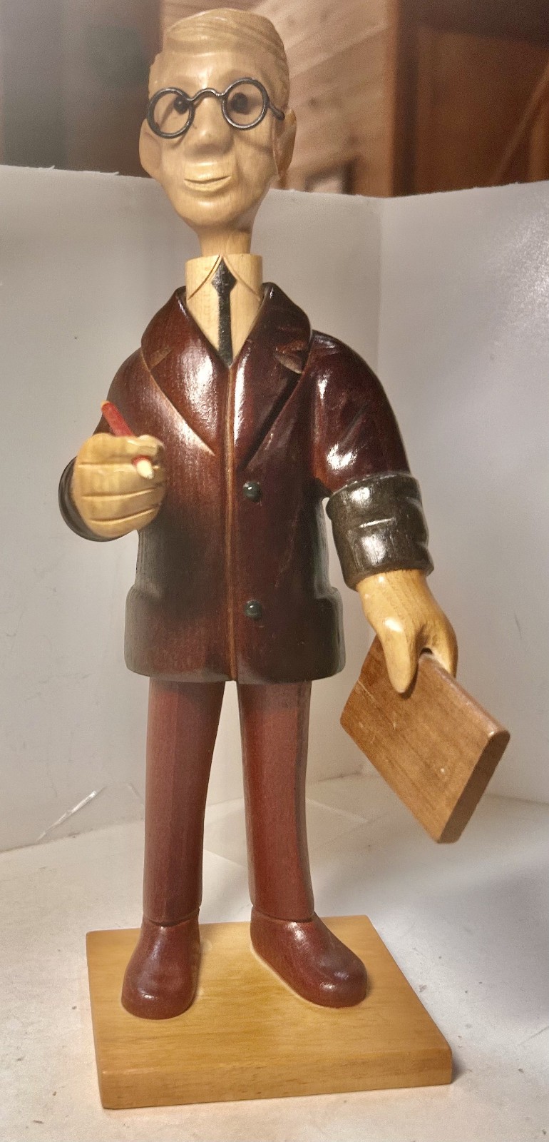 Vintage Rare Wooden 12.5″ Hand Carved Accountant Figurine Made in Italy Romer
