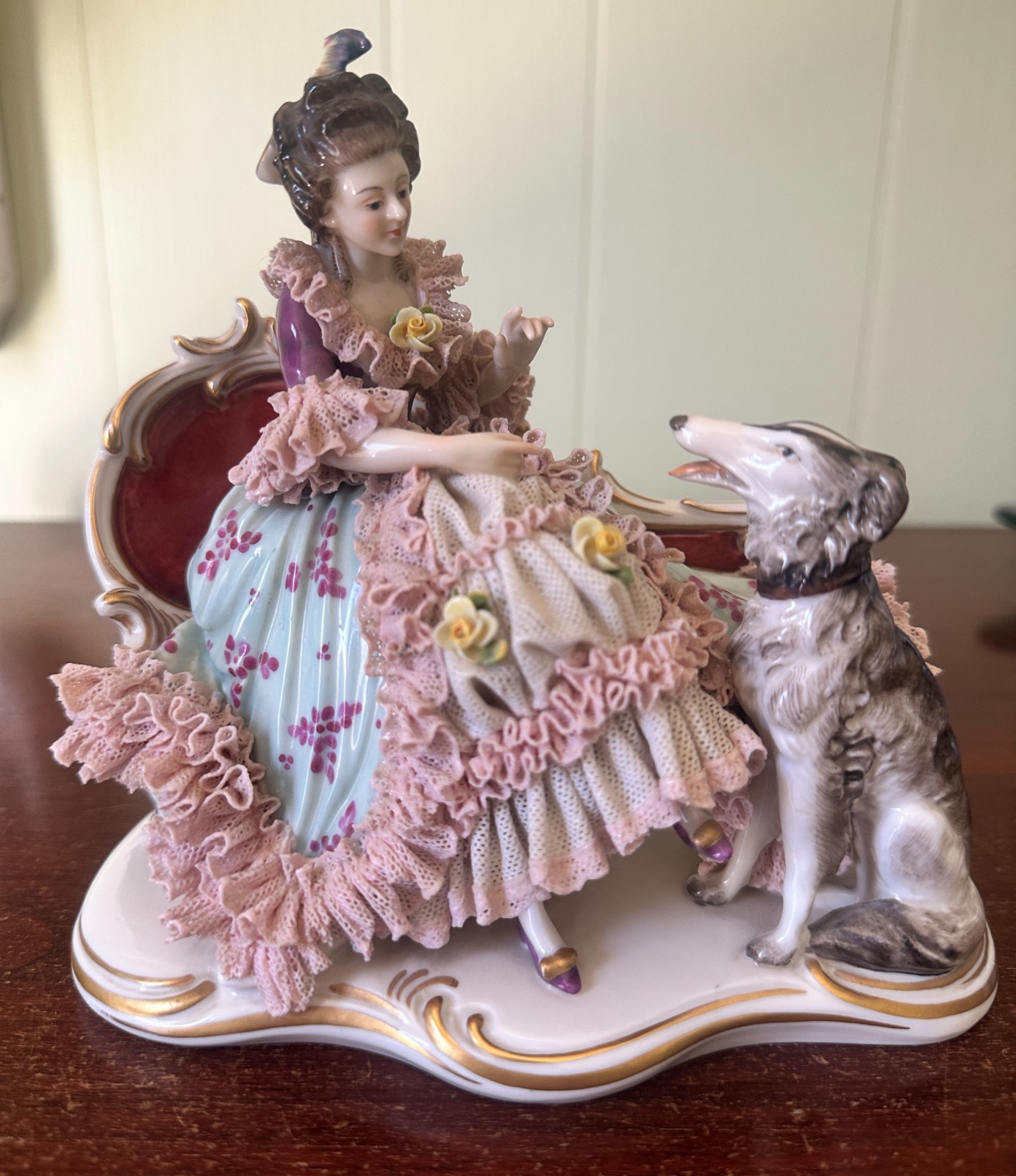 Vintage BORZOI Dresden Germany Lace Lady with dog