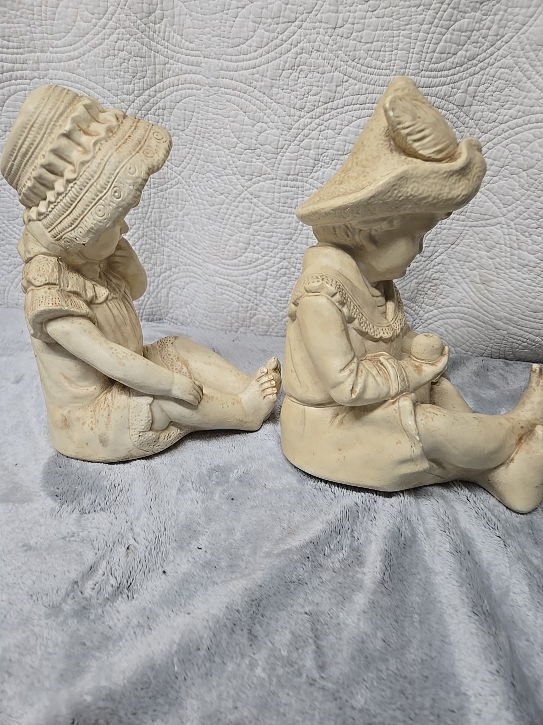 Pair Of Antique Chalkware Plaster Babies Girl/ Boy Alabaster