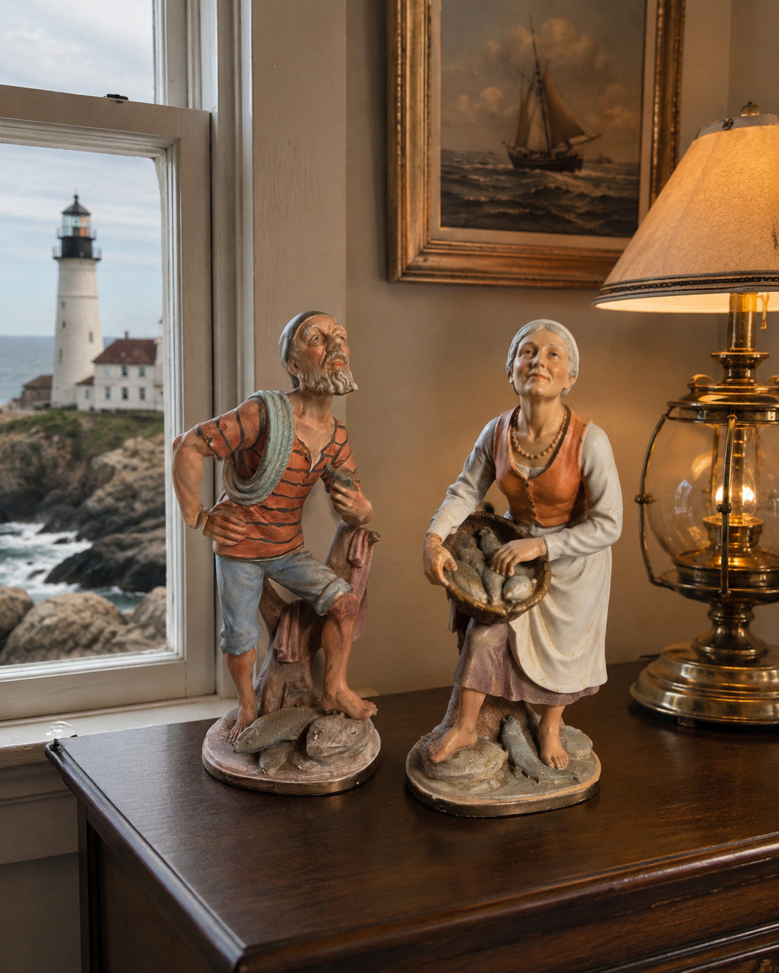 Vintage Norleans Japan Fisherman Fisherwoman Porcelain Figurines Pair 12″