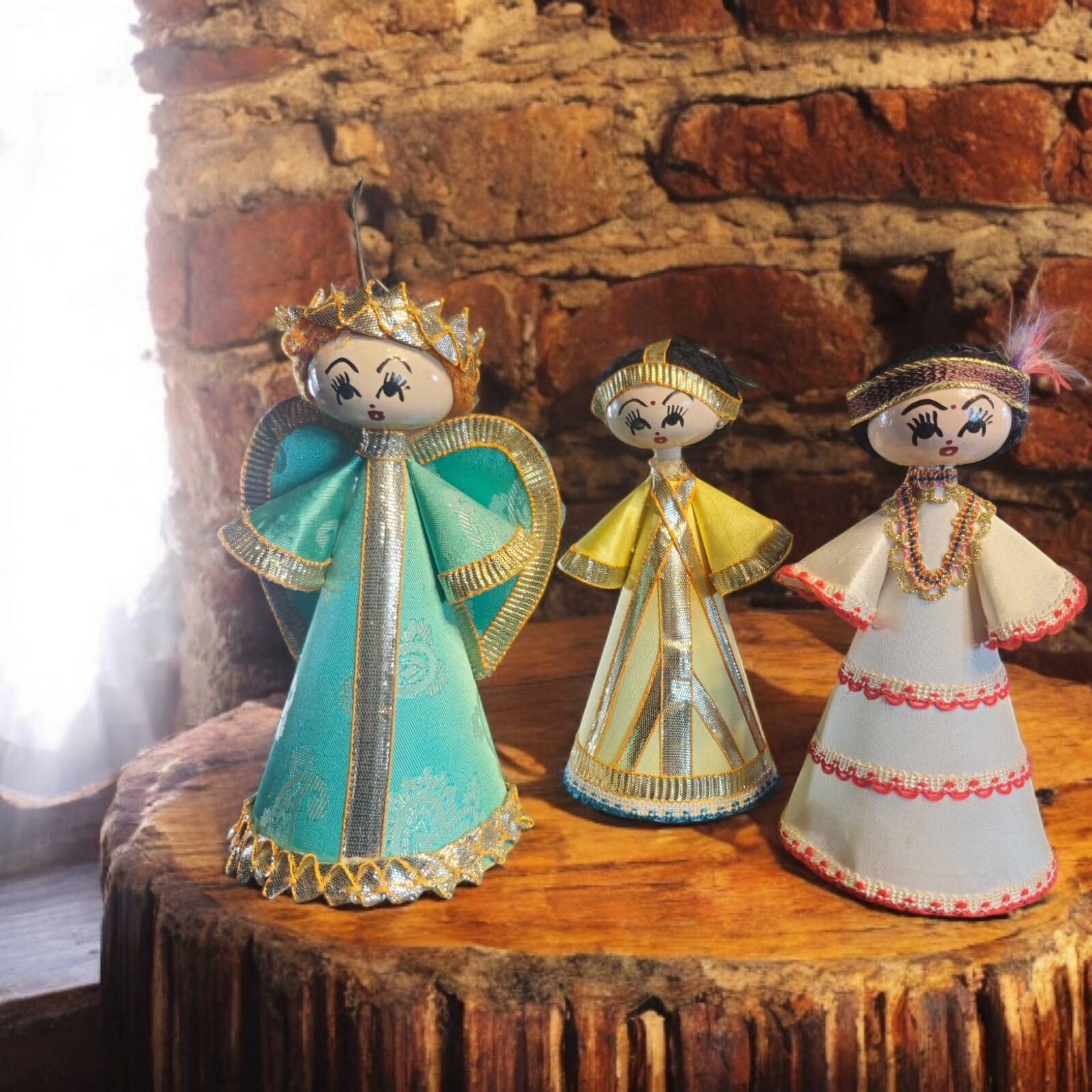 Vtg Set of 3 Figurines Ethic Girl Retro Ornaments 5.5″ Cardboard Wood Fabric