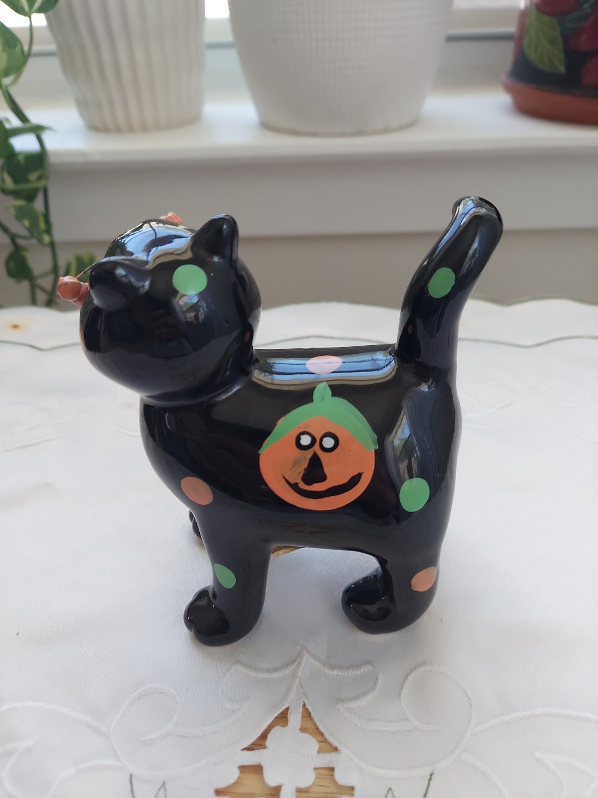 Black Cat Figurine Halloween Ceramic 5.5 Inches Figure Whimsical Jack-o-Lantern