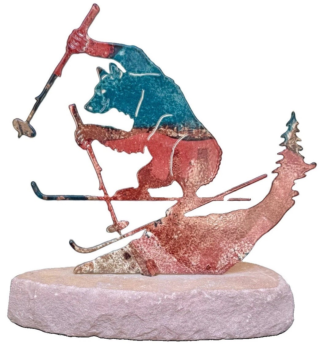 Lazart Bear Skier Fused Finish Metal Sculpture Sandstone Base Retired HTF