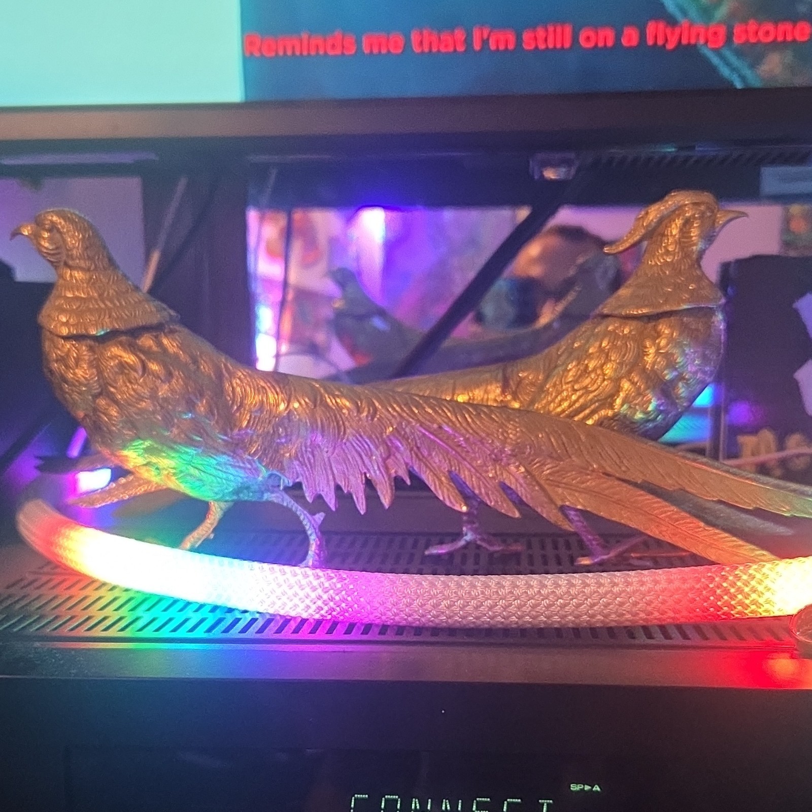 Pair Gold Metallic Metal Textured Pheasant Bird Figurines Sculptures
