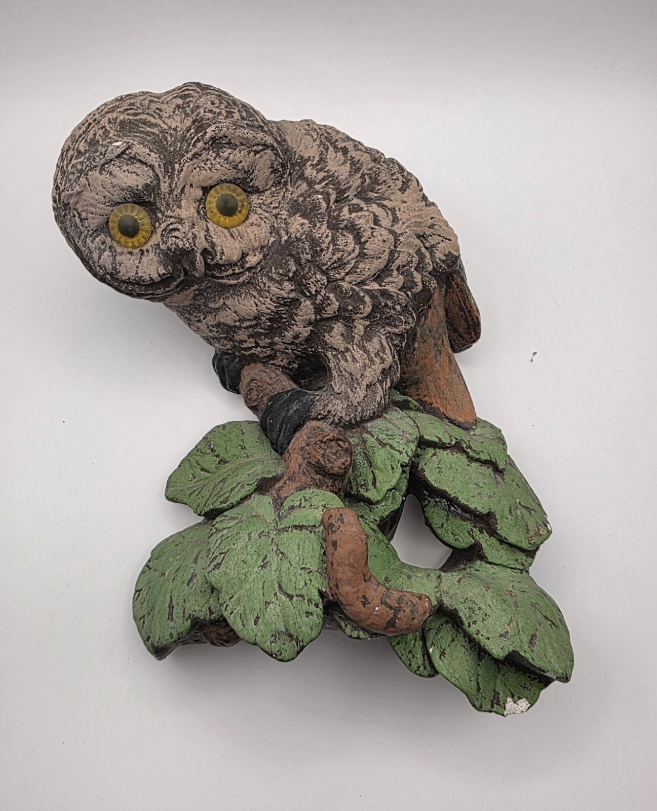 Vintage Chalkware Wall Hanging Owl With Caterpillar Used Has Chips