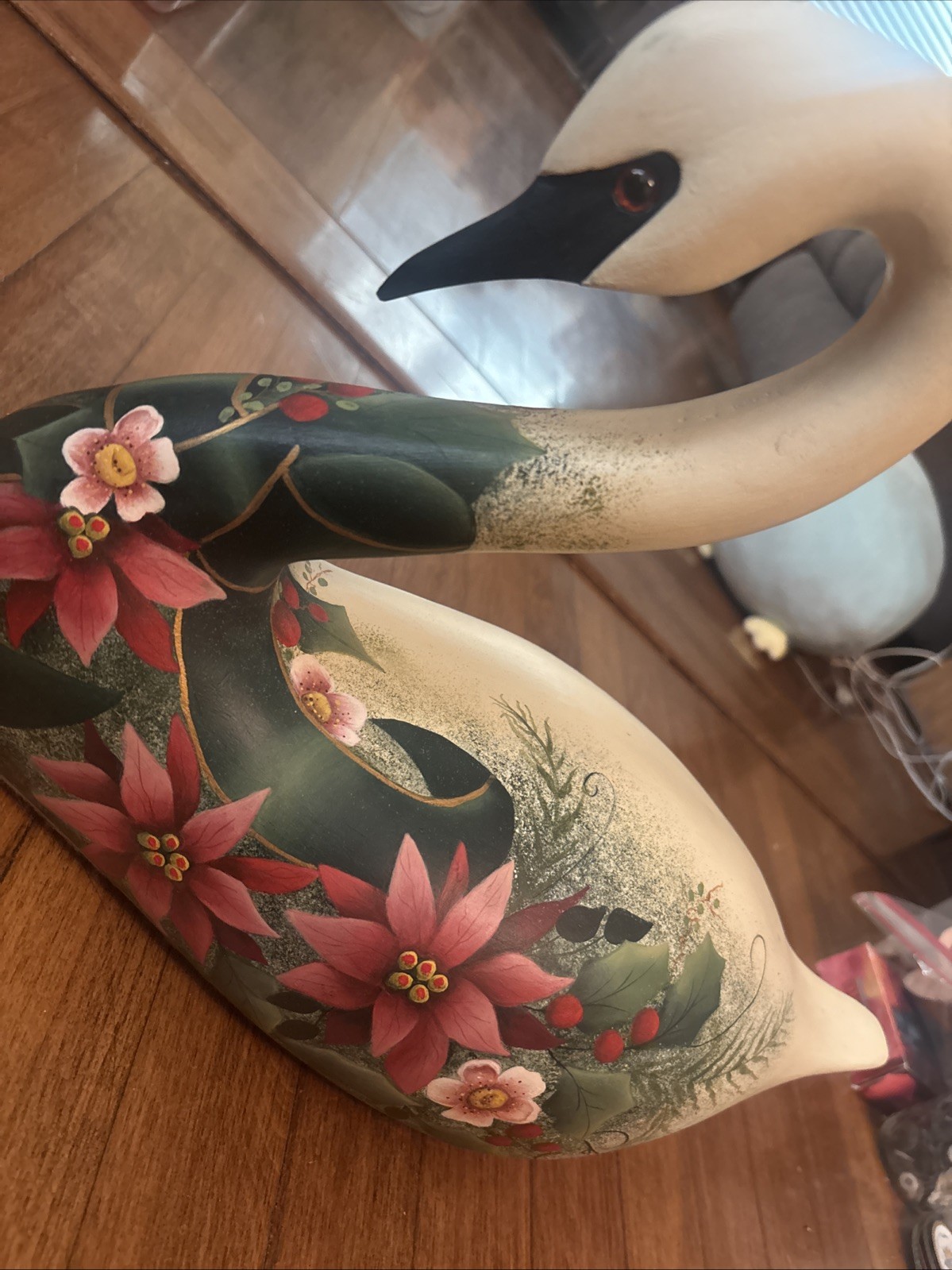 Vtg Decorative Folk Art Wooden Swan Poinsettia Hand Painted Artist Signed Heavy