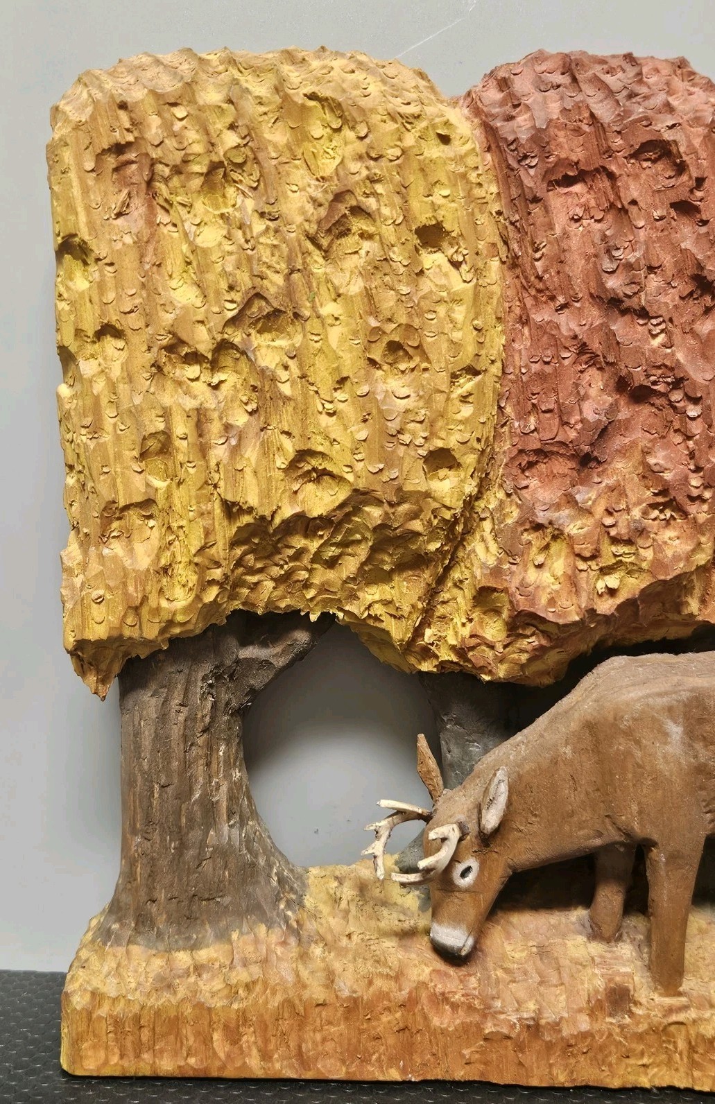 Carved Wood Deer In Autumn Forrest 9.5″ Tall Free Standing 3d Sculpture *Signed*