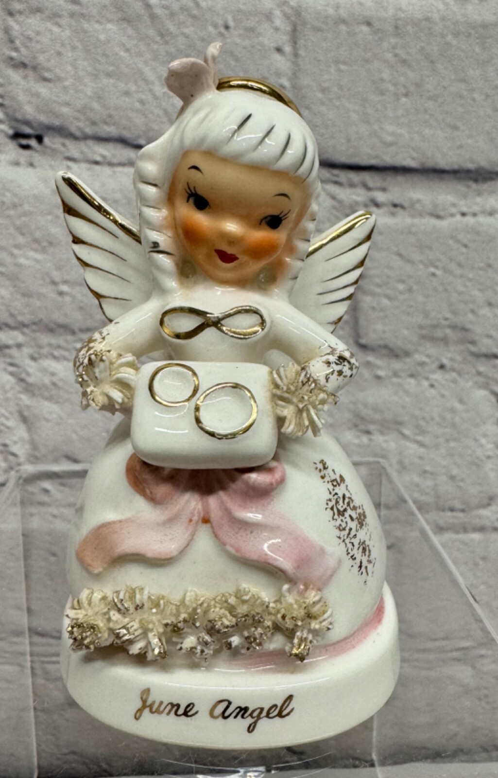 Napco June Birthday Angel Spaghetti Trim Figurine #A1366 Wedding Rings Eternity