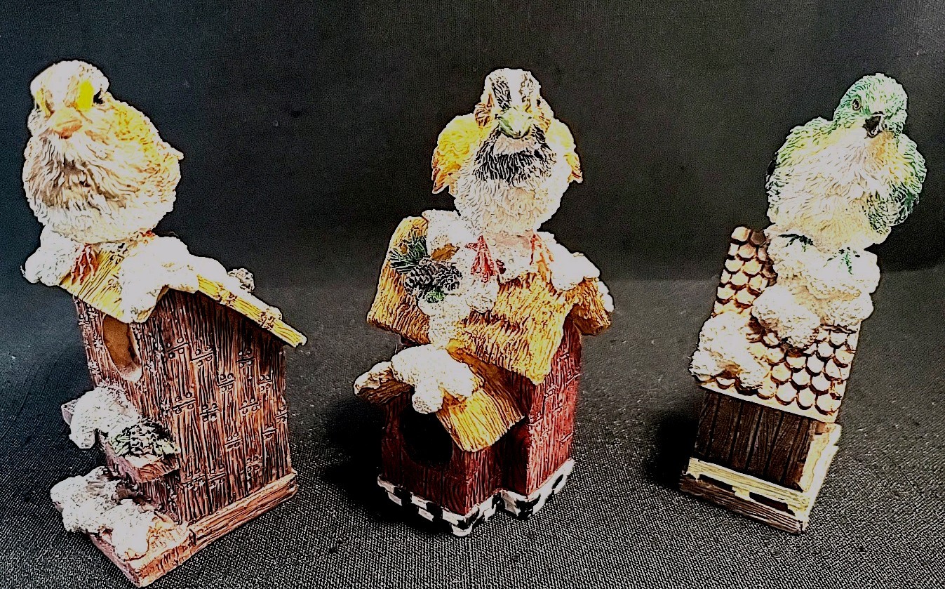 Set Of 3 Birds On Snow Covered Birdhouses Winter 4 Inches
