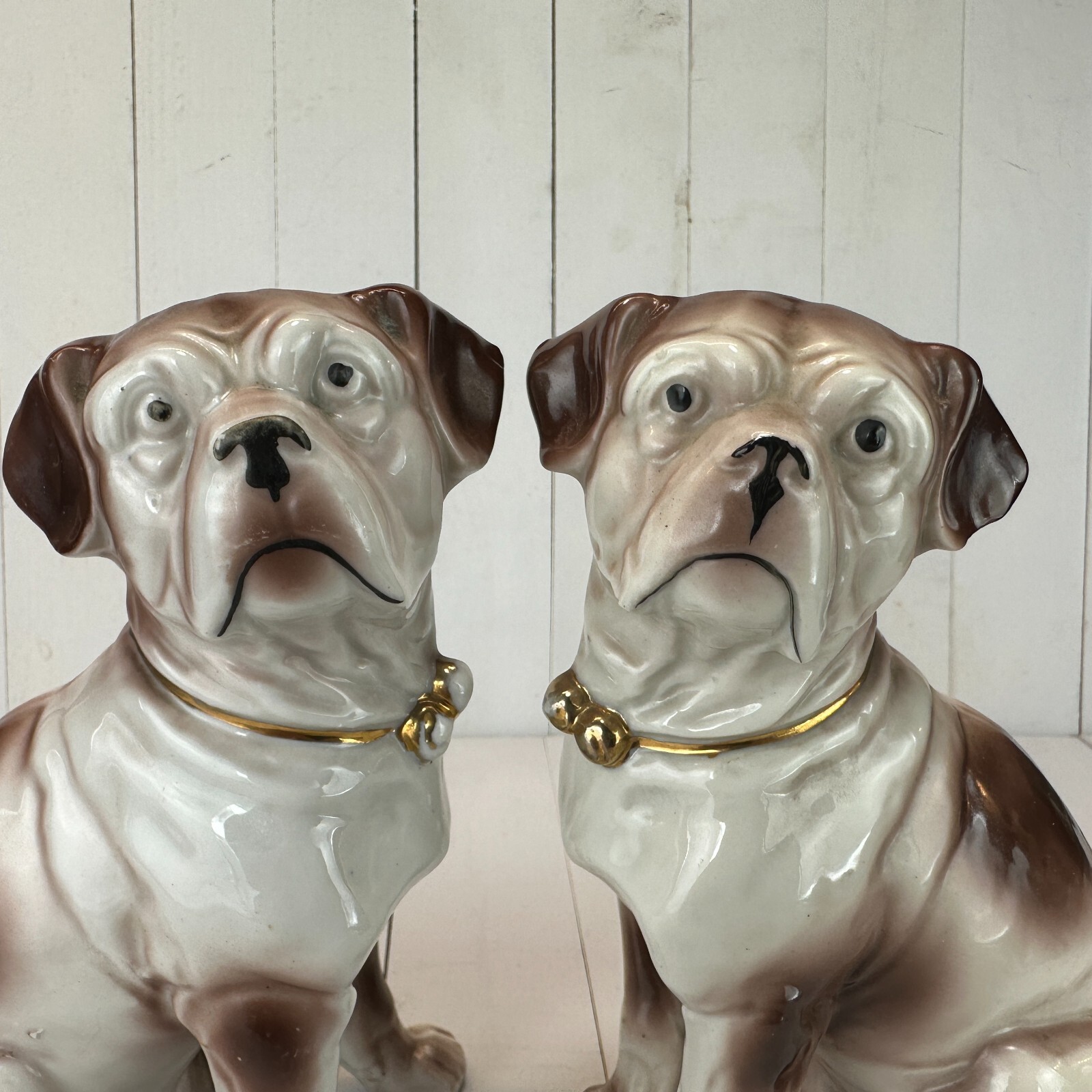 Antique Victorian Pug Dog Mantle SET Gold Gilt Bell Collar Porcelain Farmhouse
