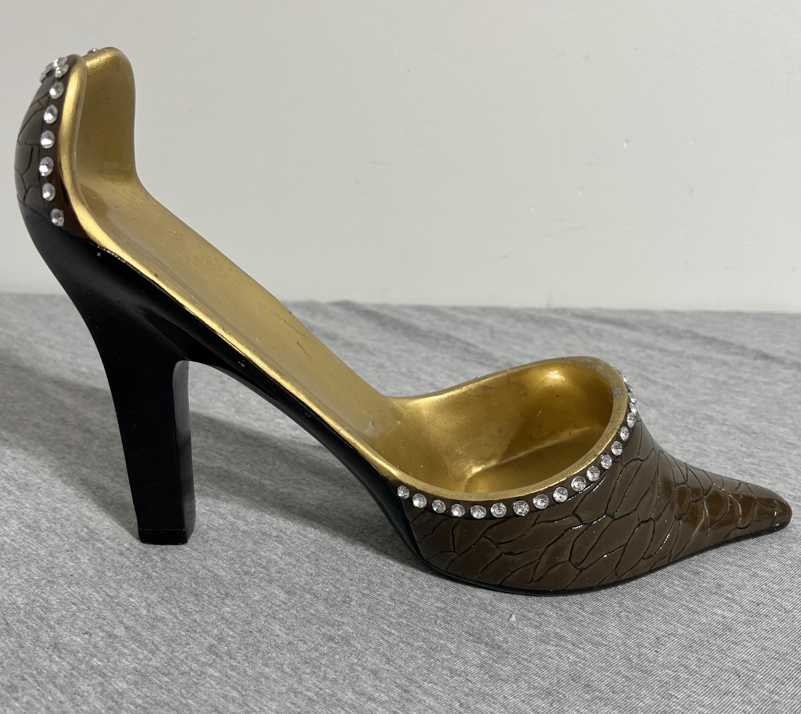 High Heel Stiletto Shoe Figurine Brown Gold Black Rhinestone Accents Decor Gift