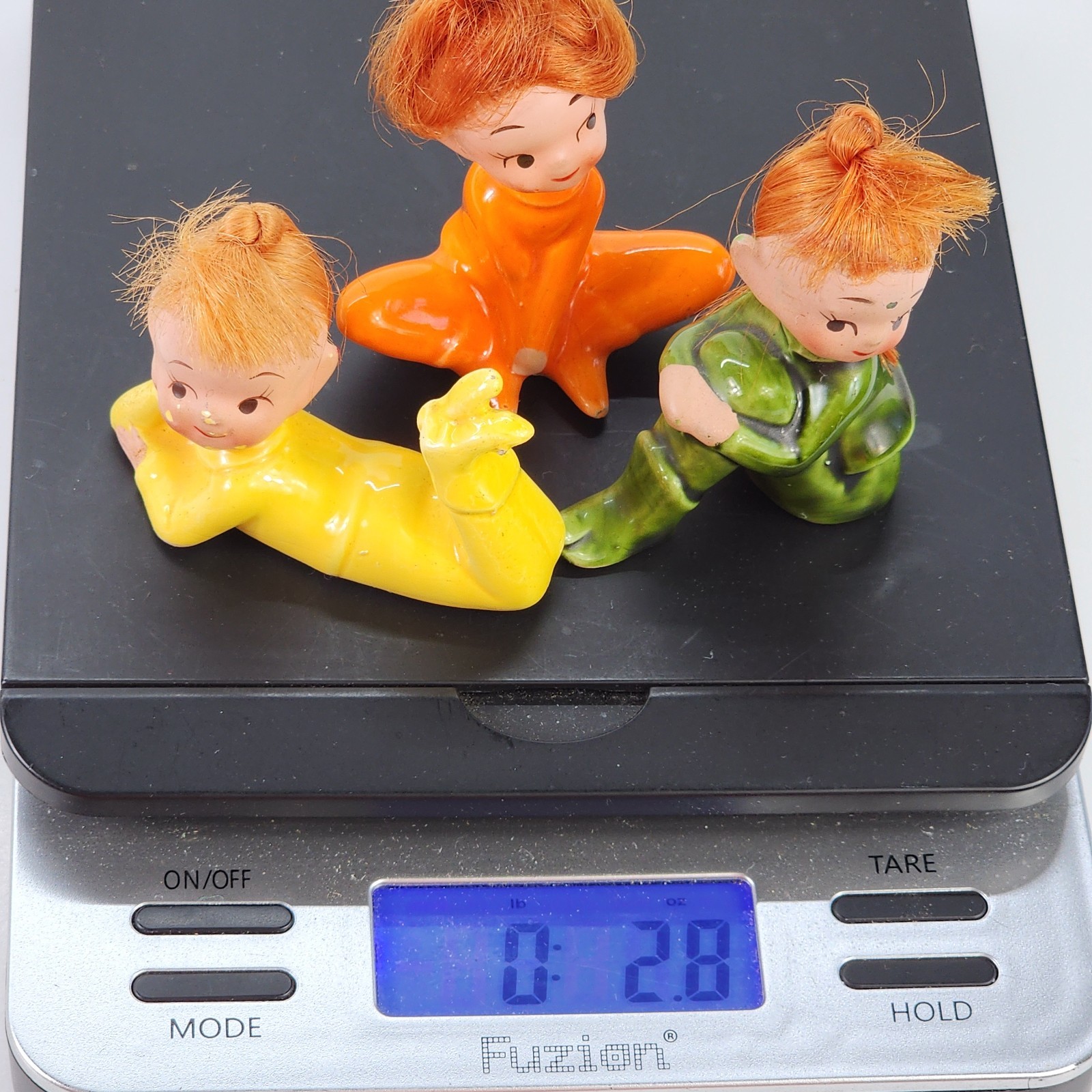 3 Vtg Ceramic Pixies Red Orange Hair Doll Elf Japan National Potteries Co.